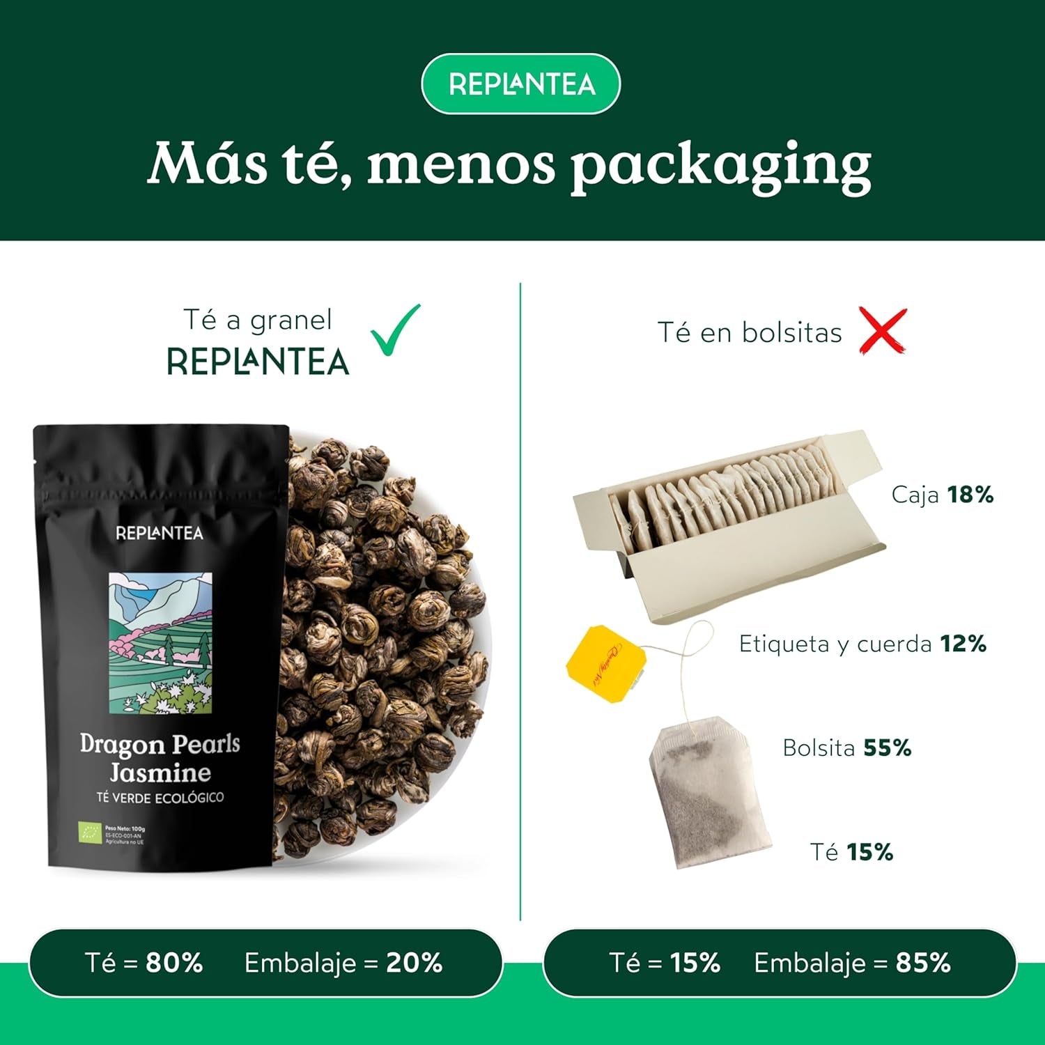 Organiczna herbata Jasmin Dragon Pearls (100 g) | Herbata zielona premium w formie ręcznie zwijanych perełek jaśminu | Specjał herbaciany o delikatnym kwiatowym aromacie | REPLANT