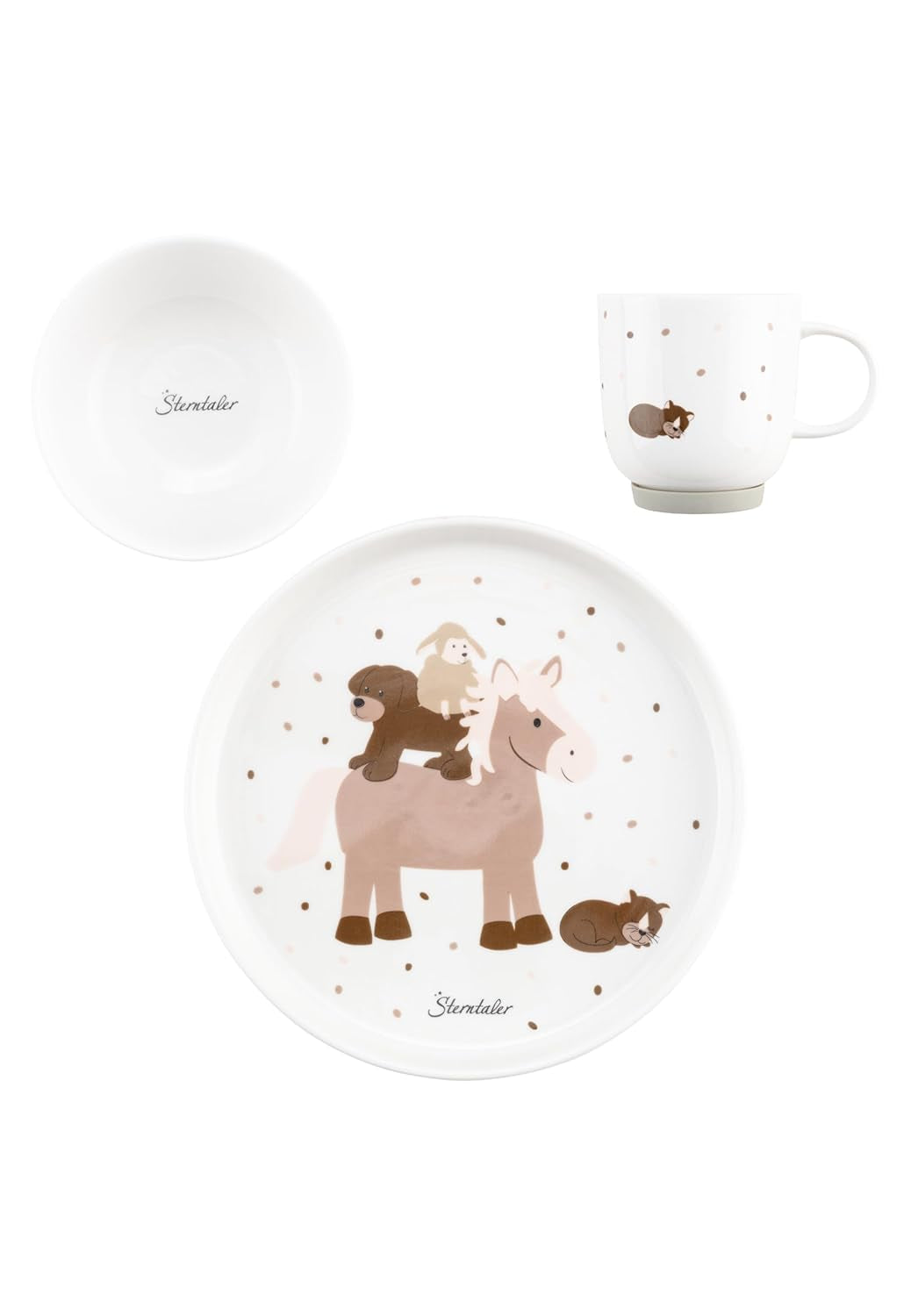 Sterntaler Porcelanowy zestaw obiadowy Rustykalny design - antypoślizgowy i zdejmowany silikonowy zestaw naczyń obiadowych - Naczynia dla niemowląt i dzieci z talerzem, miską 400 ml i kubkiem 200 ml, biały