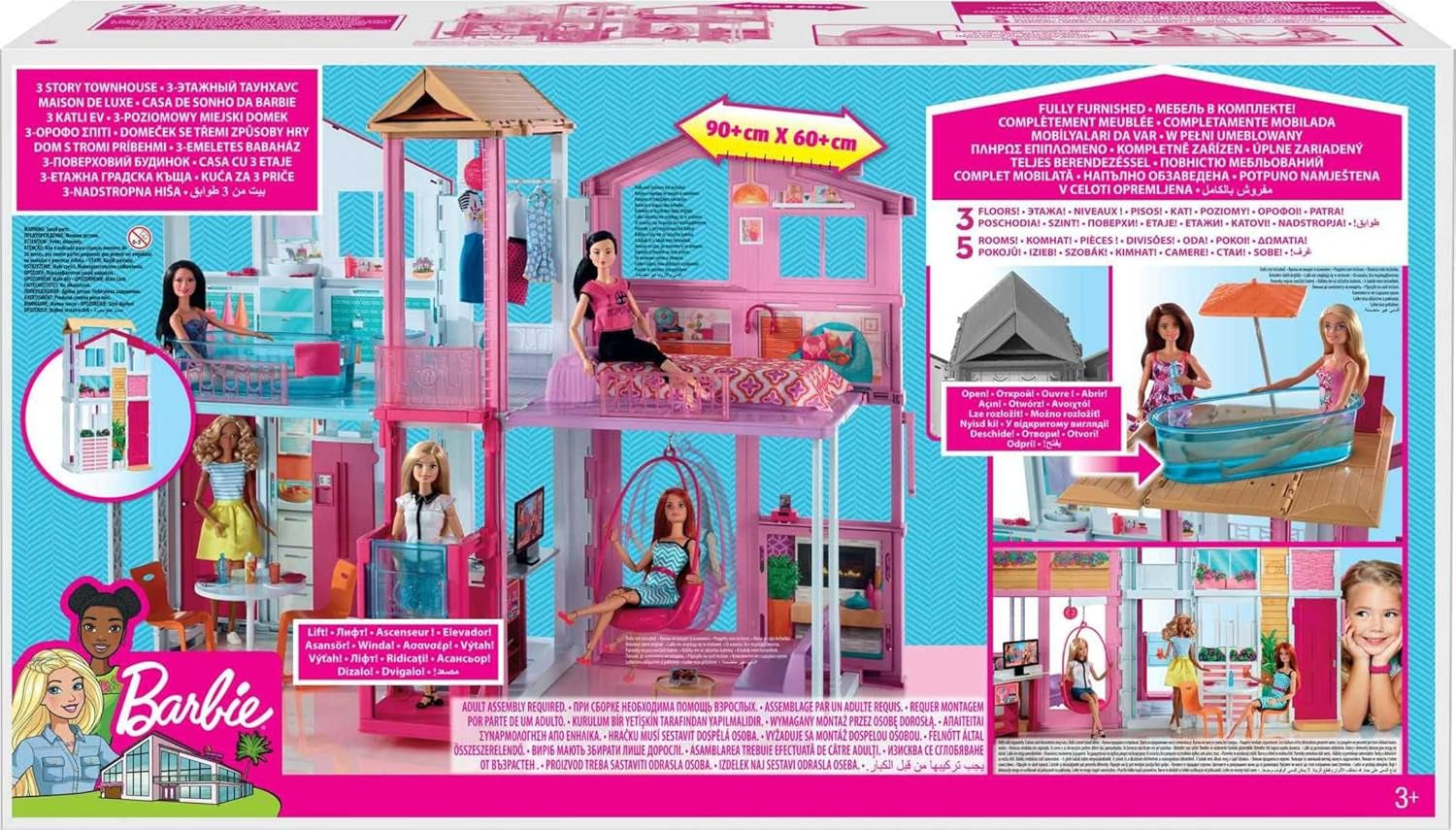 Wymarzony dom Barbie, 3-piętrowa kamienica z 5 pokojami, zawiera akcesoria takie jak meble, składane i do przechowywania, zabawka dla dzieci w wieku od 3 lat, DLY32