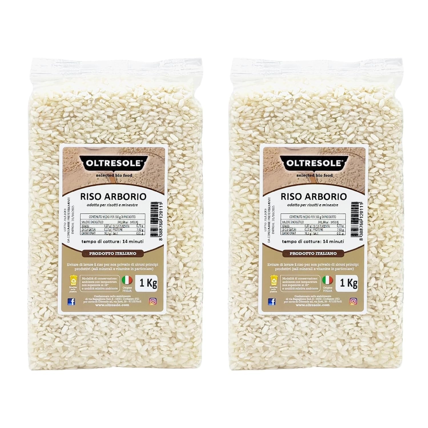 Rzemieślniczy włoski ryż Arborio, ryż gruboziarnisty i skrobiowy, idealny do zup, risotto i sałatek ryżowych, pakowany próżniowo w 2 worki 1kg