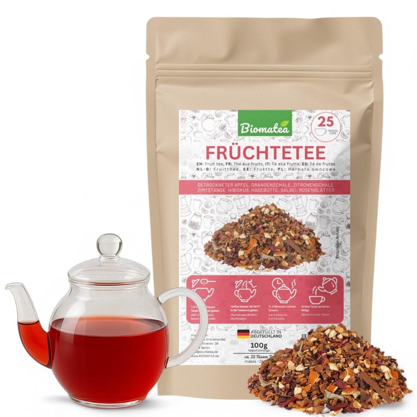 Herbata Owocowa – 100g Aromatyzowana mieszanka owocowa z jabłkiem, hibiskusem i cynamonem – torebka Ziplock, ok. 25 filiżanek – Bez dodatków, pakowane w Niemczech