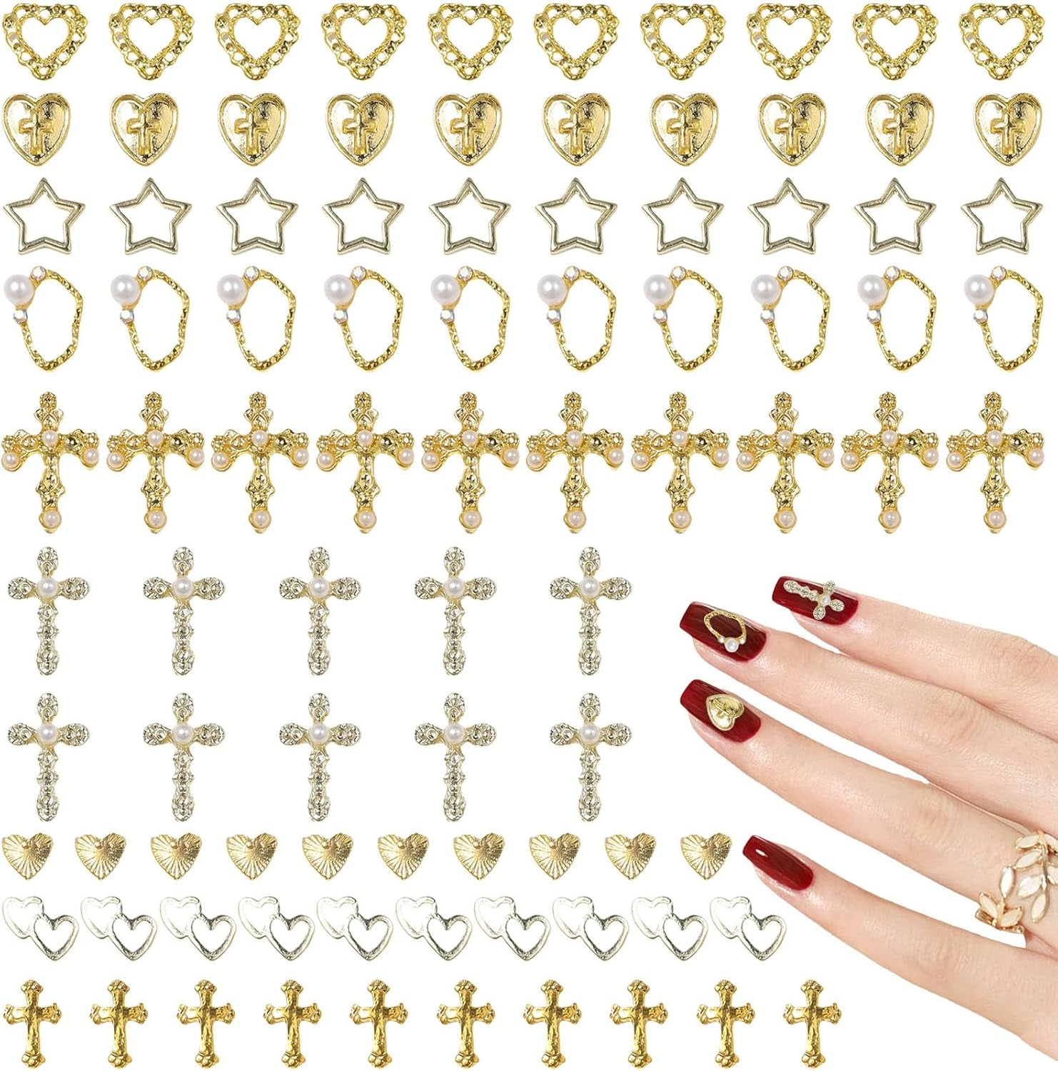 Złote zawieszki do paznokci 80 szt. Krzyżowe serce z różą Dziewica Maryja Klejnoty do paznokci Stop metali Akcesoria do paznokci do Manicure Projektowanie Dekoracje DIY Rzemiosło