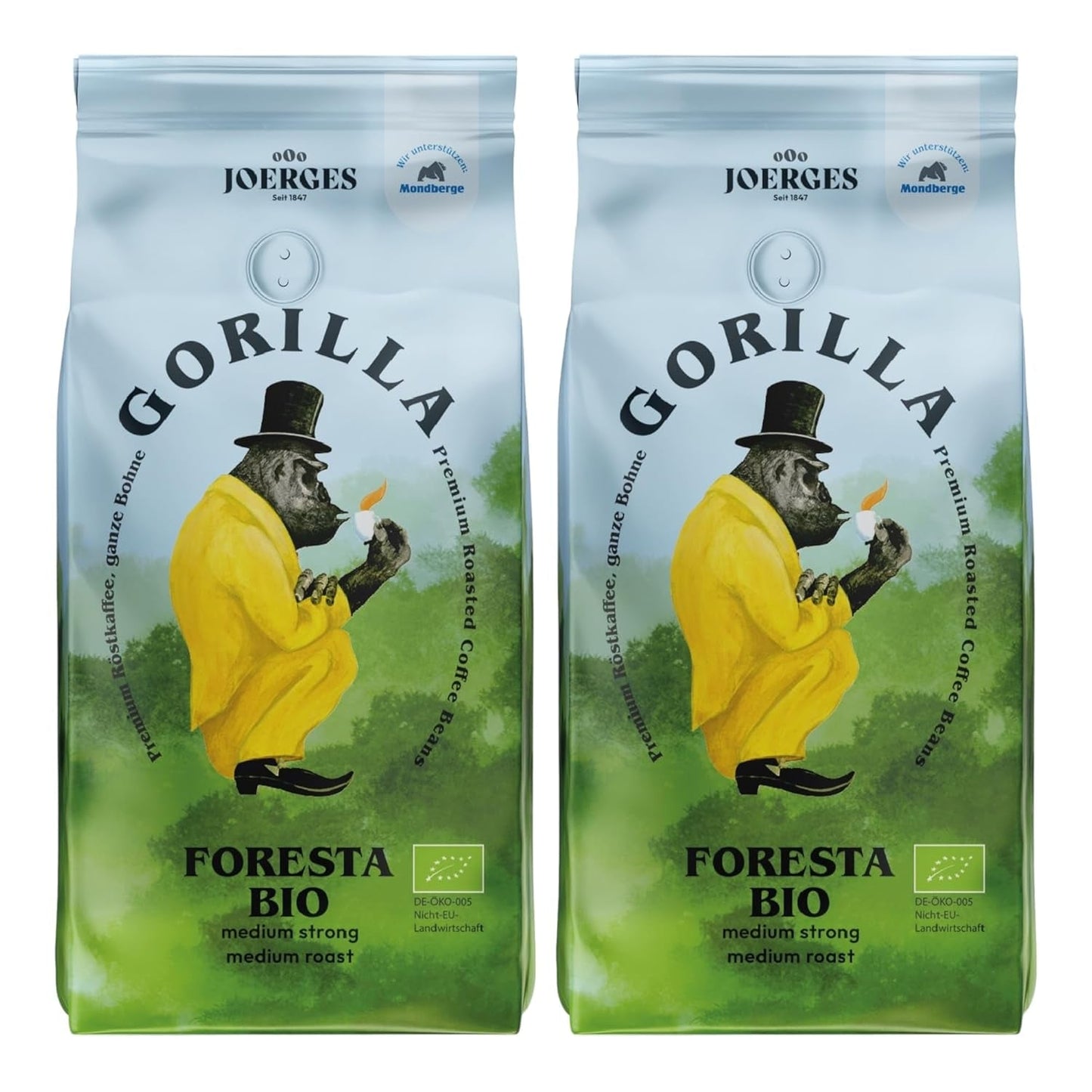 Kawa Gorilla Foresta, opakowanie podwójne, 2 x 1 kg, palone ziarna | Mieszanka arabiki, całe ziarna | W pełni automatyczny ekspres do kawy z kolbą | Kawa espresso