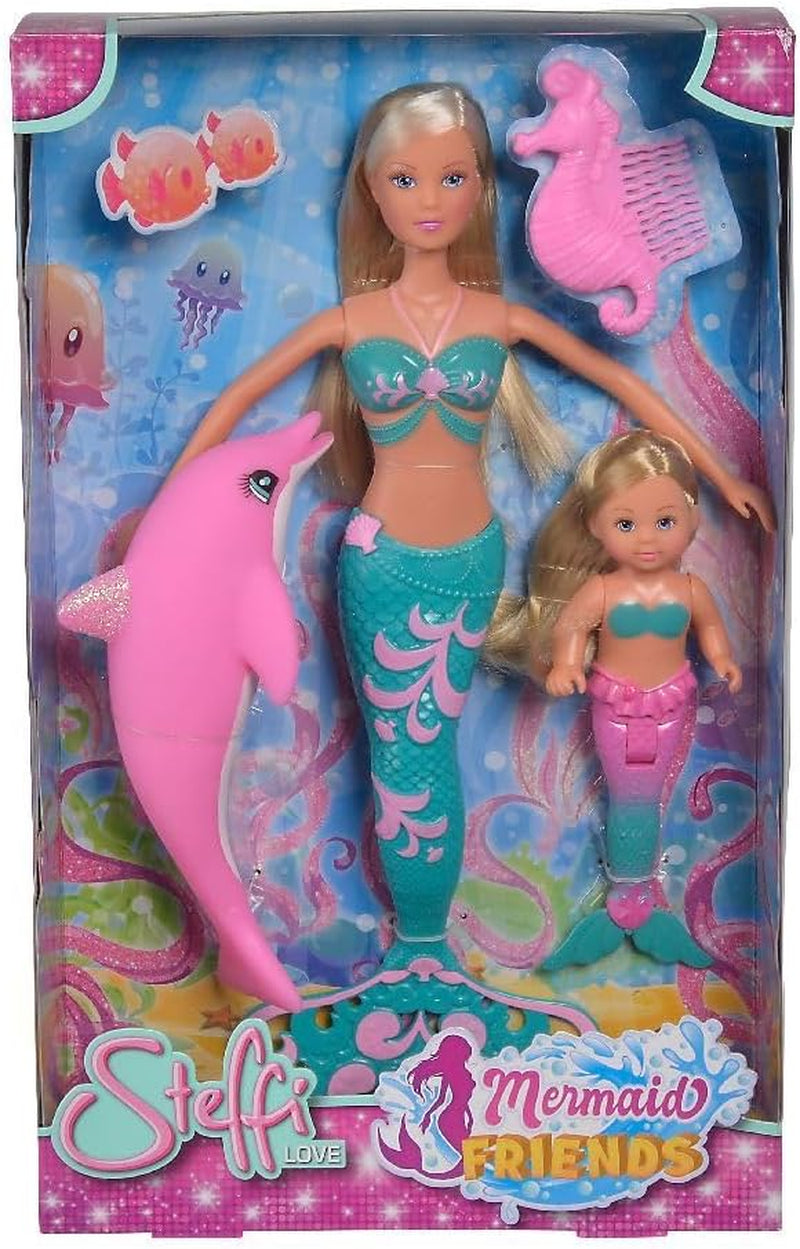 Simba 105733336 - Steffi Love Mermaid Friends, magiczna lalka syrenka z siostrą Evi, figurka delfina i nie tylko, zabawka dla dzieci w wieku 3 lat i starszych