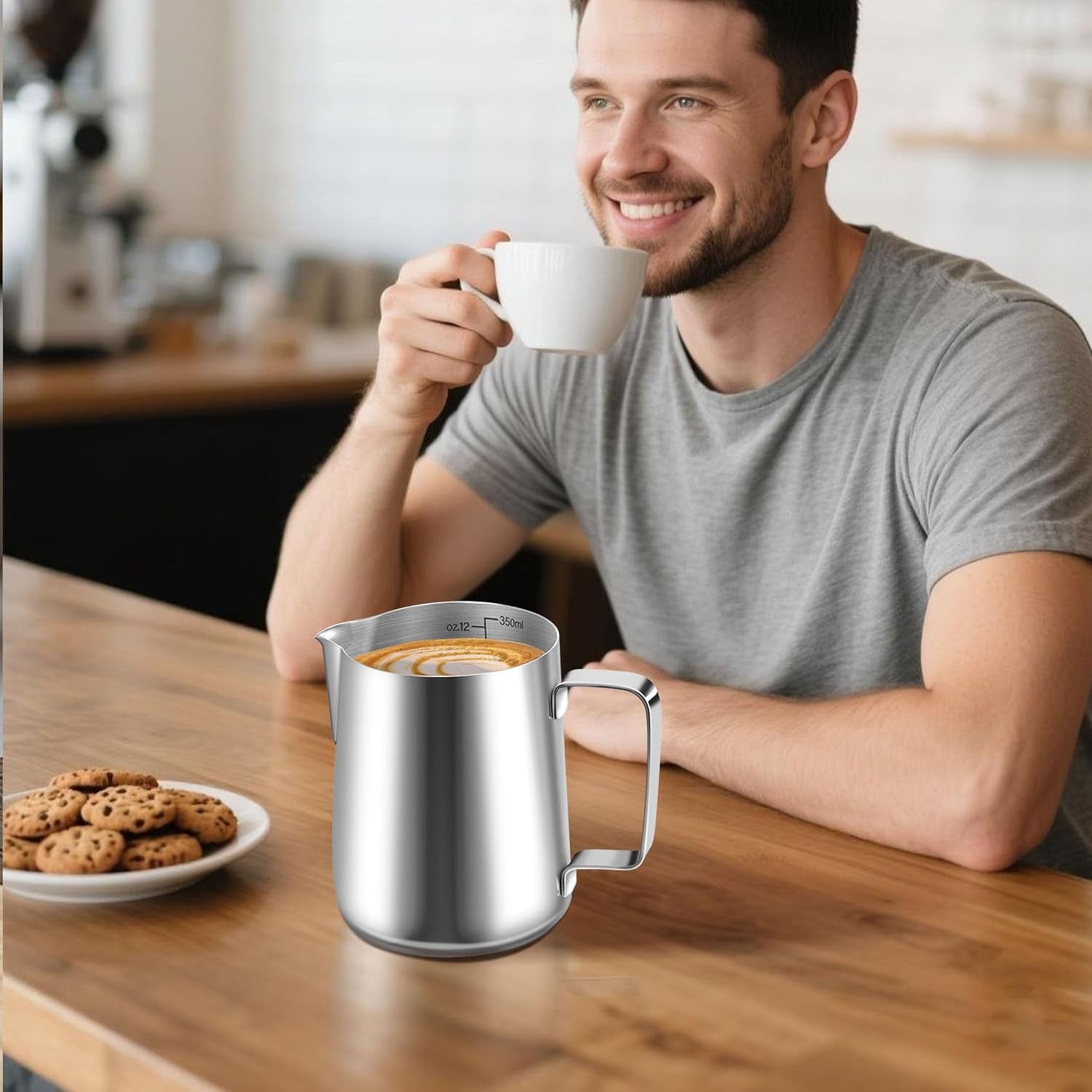 Kubek na mleko, kubek na mleko ze stali nierdzewnej 350 ml ze znacznikiem miarki, akcesoria baristy, kubek na mleko do cappuccino, espresso, latte art, miłośnicy kawy, srebro, 355 ml