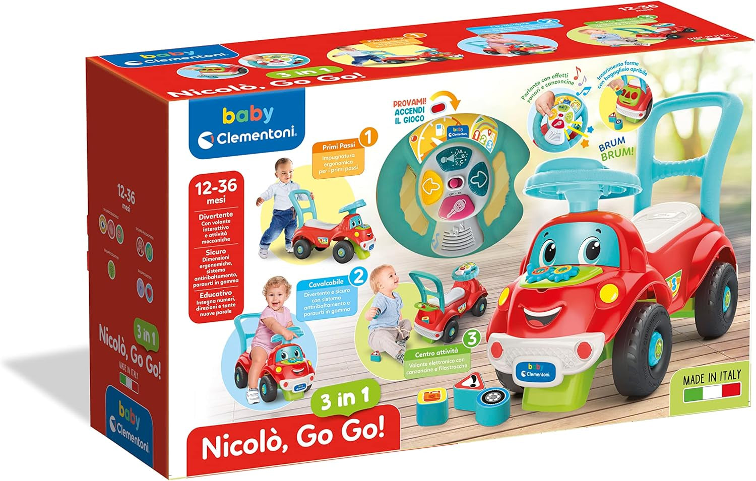 Clementoni - 17747 - Nicolò Go Go 3 w 1 - Autko, elektroniczny głośnik do nauki, pierwsze kroki, światła i dźwięki, gra dla 1-latków - Made in Italy Bebe Toys Naty Shop