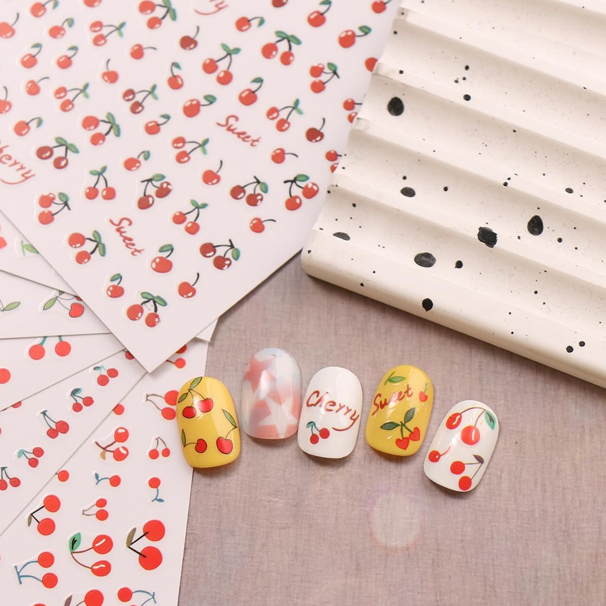 JMEOWIO Nagelsticker Kirschfrucht 6 Blatt Nail Art Naklejka Selbstklebend Nagelaufkleber Dekoration Nageldesign Zubehör