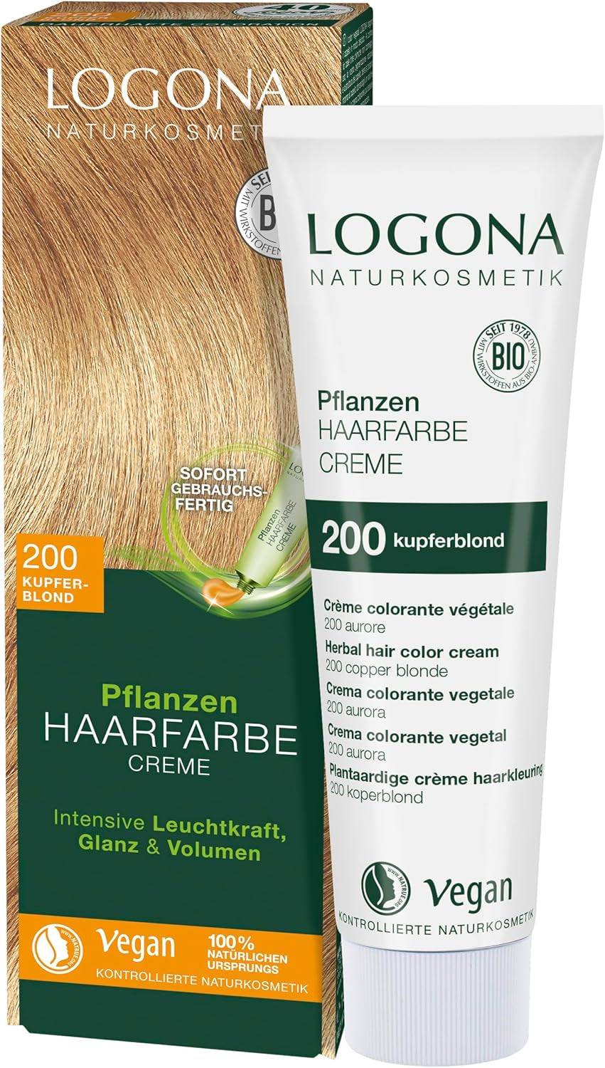 LOGONA Natural Cosmetics Roślinny krem koloryzujący do włosów 240 Nougat Brown, Naturalna farba do włosów brązowych z henną, krem koloryzujący do odcieni brązu, koloryzująca do włosów ciemnych, 150ml Farba do włosów Naty Shop 200 Blond miedź