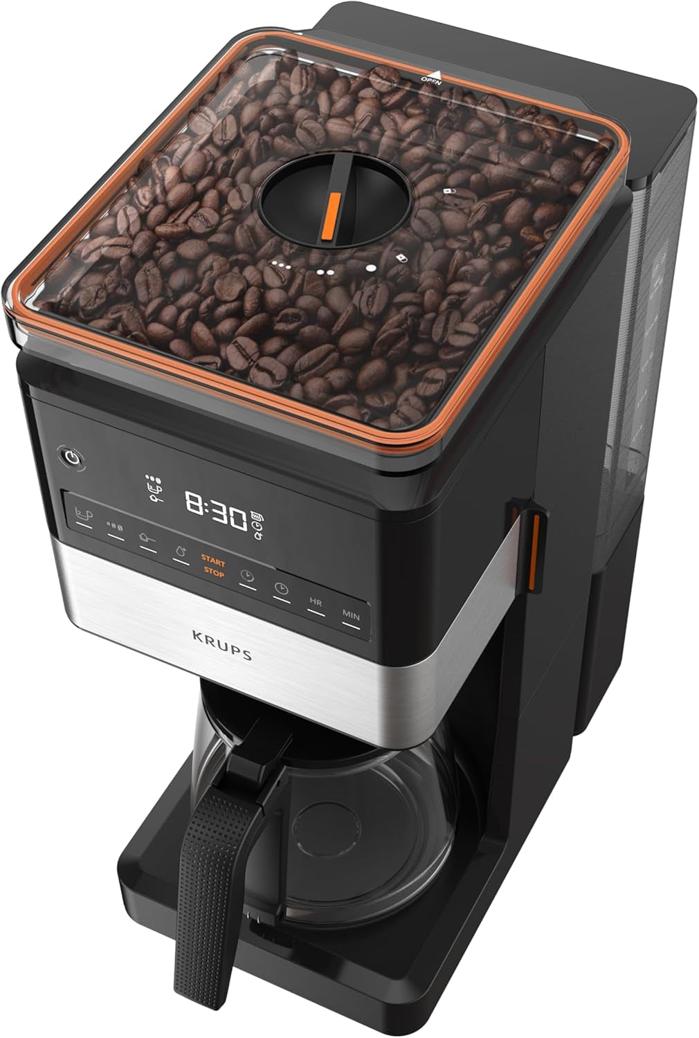 KRUPS Grind Aroma XL Ekspres do kawy, zdejmowany młynek stożkowy, cyfrowy panel sterowania, pojemność XL (1,5 l), funkcja utrzymywania ciepła, szklana karafka, czarny/stal nierdzewna, KM842810