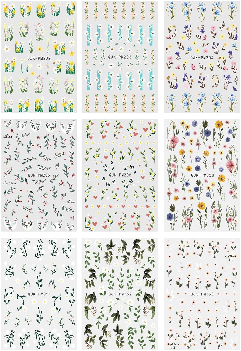 JMEOWIO Nagelsticker Bunte Blumen 9 Blatt Nail Art Naklejka Selbstklebend Nagelaufkleber Frühling Sommer Blumen Dekoration Nageldesign Zubehör