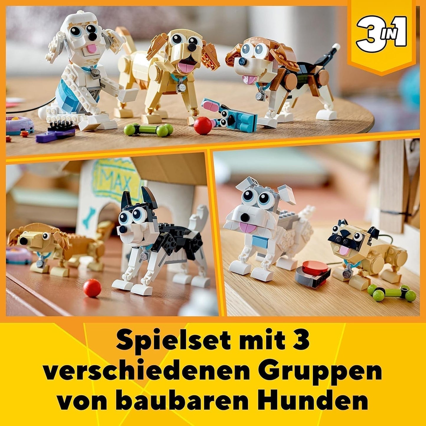 LEGO 31137 Creator Zestaw 3 w 1 ze słodkim psem z figurkami zwierząt Jamnik, mops, pudel i inne zabawki dla dzieci w wieku powyżej 7 lat, prezent dla miłośników psów Zestawy do budowania Besuche den LEGO-Store