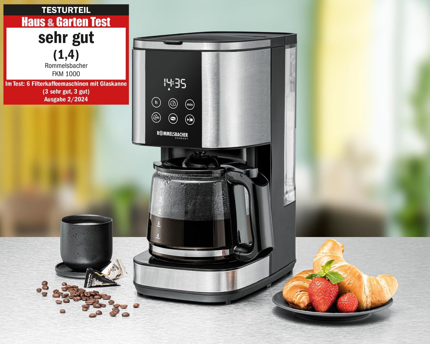 Ekspres filtrowy Rommelsbacher FKM 1000 - zbiornik na wodę 1,5 litra na 12 filiżanek kawy, szklana karafka, opóźniony start, funkcja utrzymywania ciepła, funkcja aromatu, wyjmowany uchwyt filtra 1x4