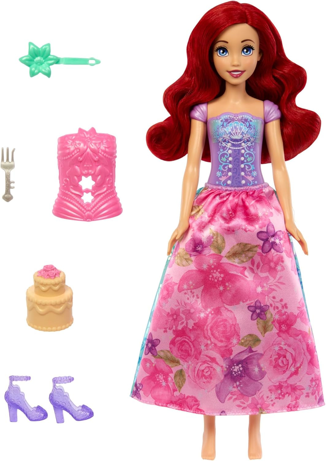 Zestaw lalek Mattel Disney Princess Ariel Spin & Reveal z 11 niespodziankami, w tym 5 akcesoriów, 5 naklejek i sceną do zabawy inspirowaną filmem HTV88