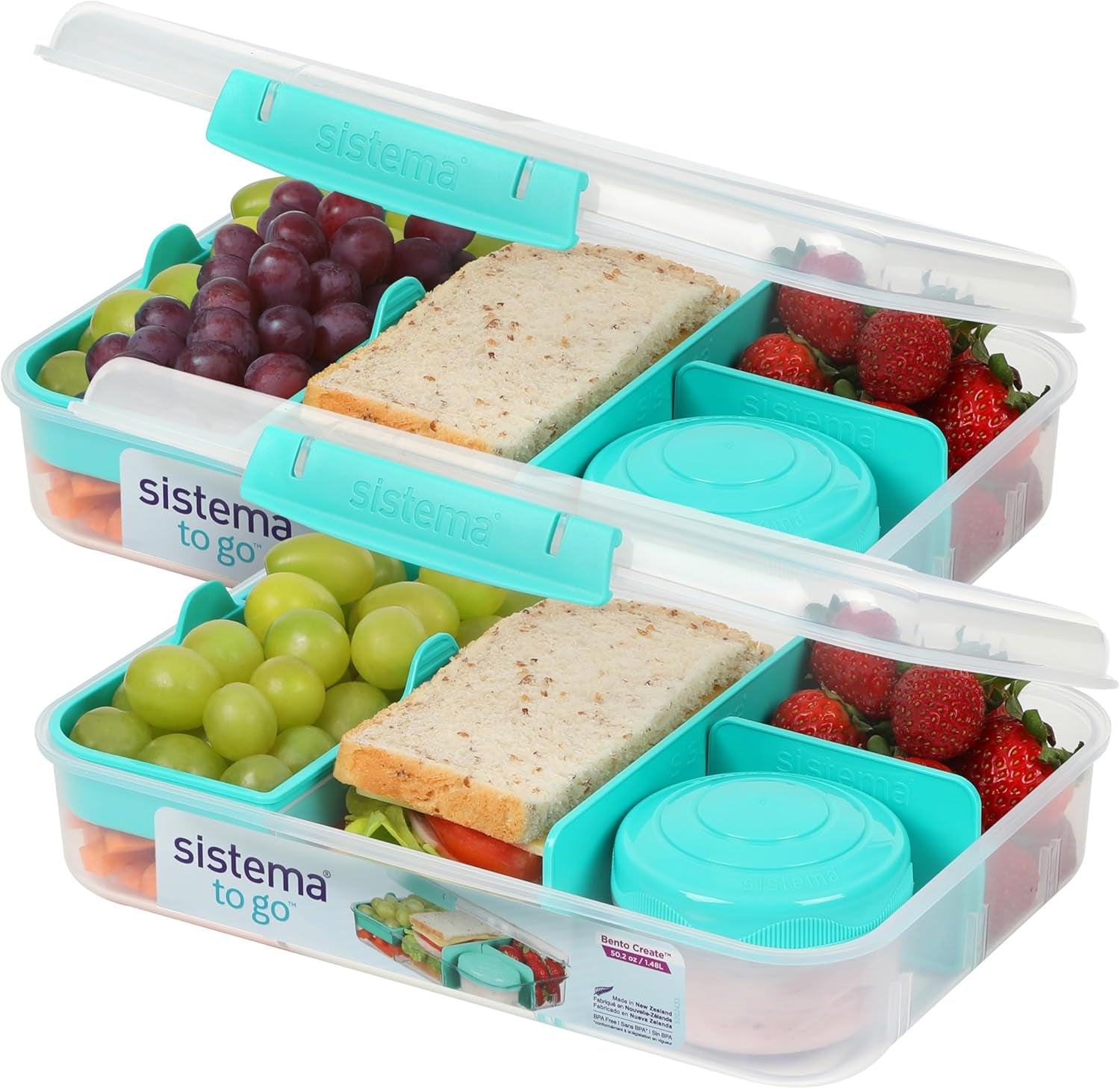 System pojemników na lunch Bento Box TO GO z przegródkami | Pudełko na lunch o pojemności 1,25 l z pojemnikiem na jogurt/owoce | dla dzieci i dorosłych l | Bez BPA Minty Teal [21685-8T], miętowa zieleń Pudełka do przechowywania żywności Naty Shop Minty Teal 2 X 1,48 LITRÓW