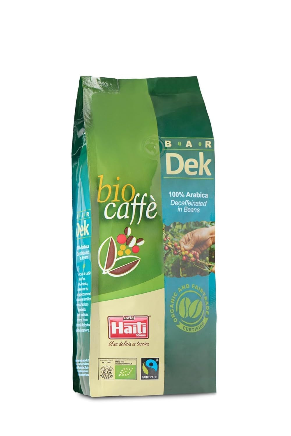 Caffè Haiti Roma organiczna kawa ziarnista bezkofeinowa, 100% Arabica, certyfikat Fairtrade, jakość organiczna, opakowanie 2 x 500g