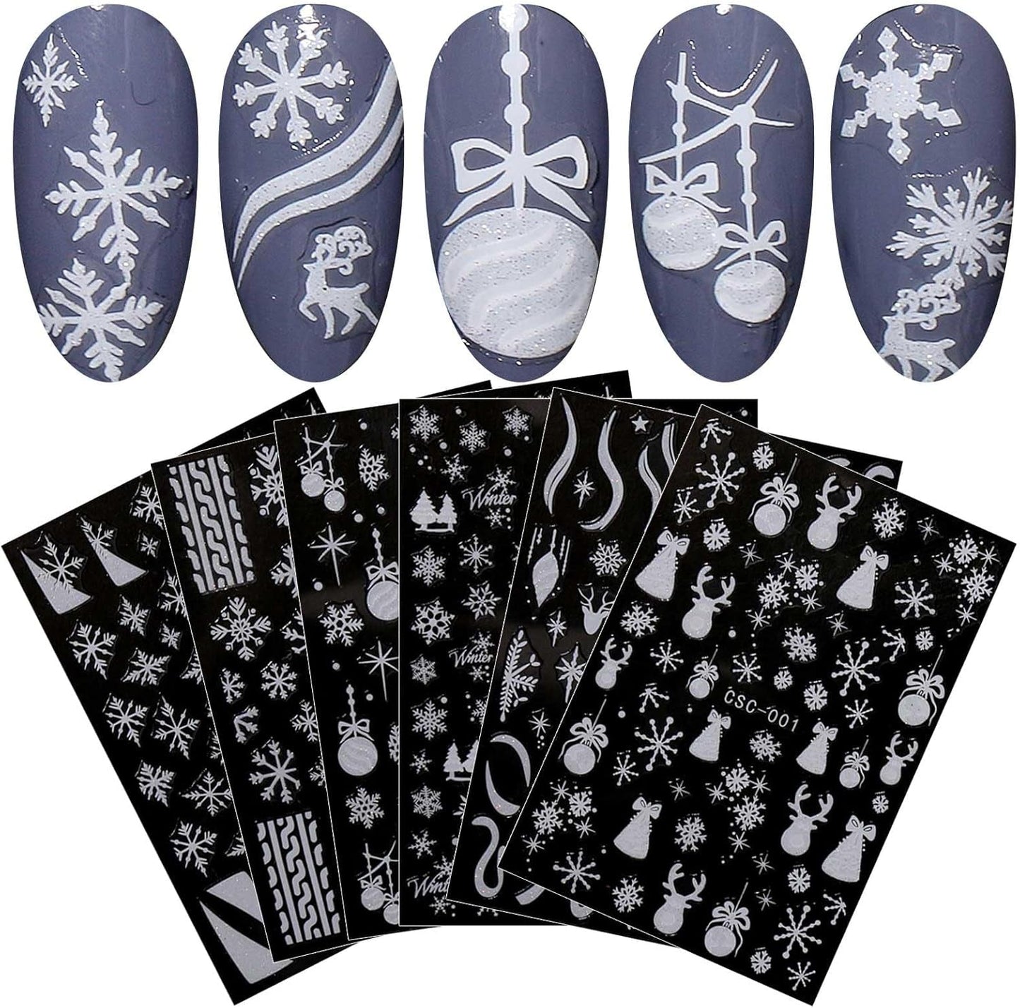 JMEOWIO Nagelsticker Weihnachten Gold Glitter Silber 8 Blatt Nail Art Naklejka Selbstklebend Nagelaufkleber Schneeflocke Winterurlaub Dekoration Nageldesign Zubehör