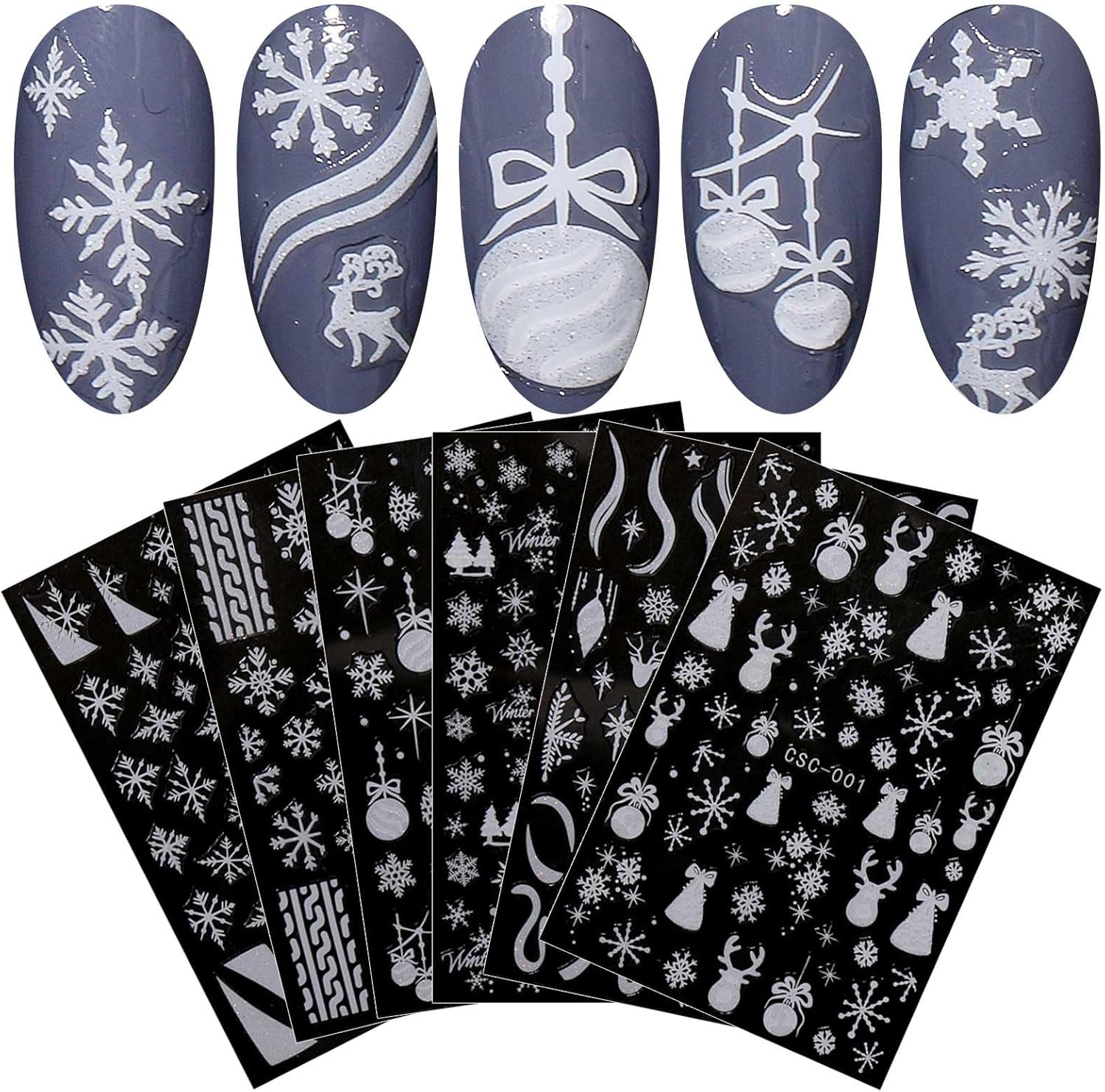 JMEOWIO Nagelsticker Weihnachten Gold Glitter Silber 8 Blatt Nail Art Naklejka Selbstklebend Nagelaufkleber Schneeflocke Winterurlaub Dekoration Nageldesign Zubehör