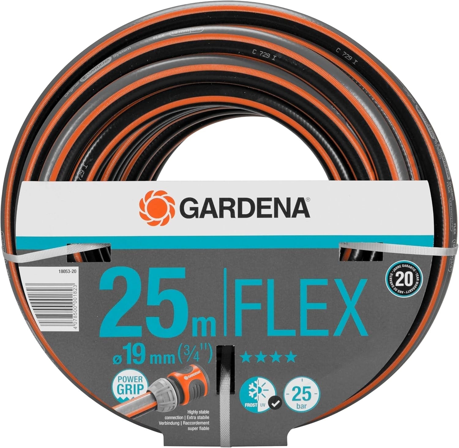 Gardena Comfort FLEX 19 mm (3/4 cala) wąż, 25 m: Elastyczny, stabilny wymiarowo wąż ogrodowy z profilem Power-Grip, wykonany z wysokiej jakości materiału spiralnego, ciśnienie rozrywające 25 bar, bez elementów systemowych (18053-20)