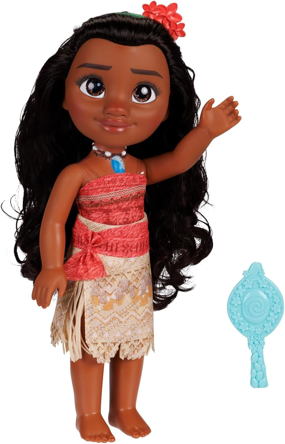Lalka Disney Princess Moana 35 cm, odblaskowe, brokatowe oczy, ruchome stawy, odpinany strój, klips w kształcie kwiatka, długie włosy, dla dziewczynek w wieku 3 lat i więcej