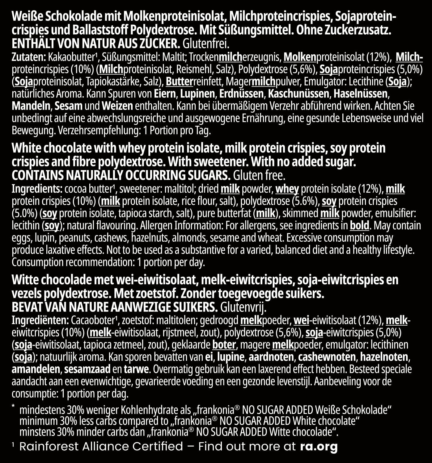 frankonia CHOCOLAT POWER MOTION bez dodatku cukru - Chrupiąca biała czekolada o wysokiej zawartości białka i niskiej zawartości węglowodanów, 90 g