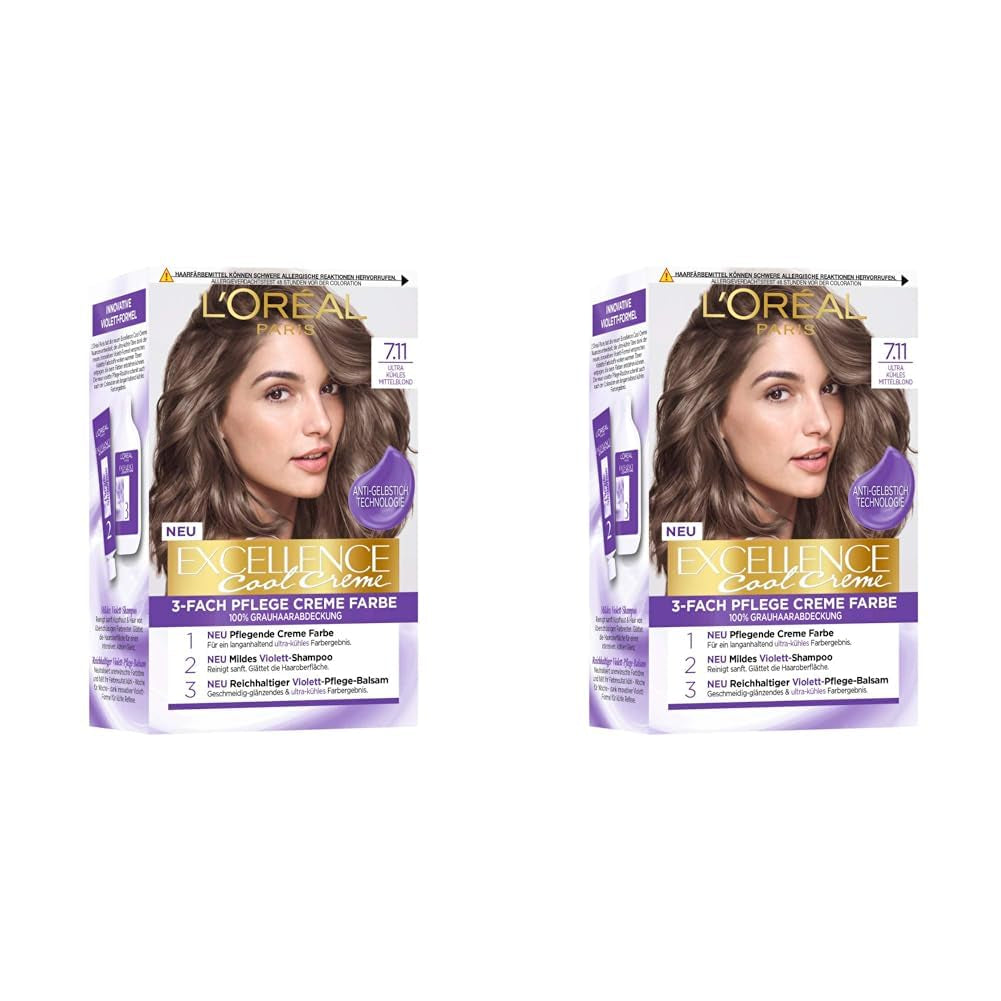 L'Oréal Paris Trwała farba do włosów zapewniająca wyjątkowo chłodny efekt kolorystyczny, 100% pokrycia siwych włosów, zestaw z koloryzacją, szamponem i kremem pielęgnacyjnym, Excellence Cool Creme, nr 7.11 Ultra Cool Medium Blonde (Blond) Naty Shop Hair Farba Domyślny tytuł