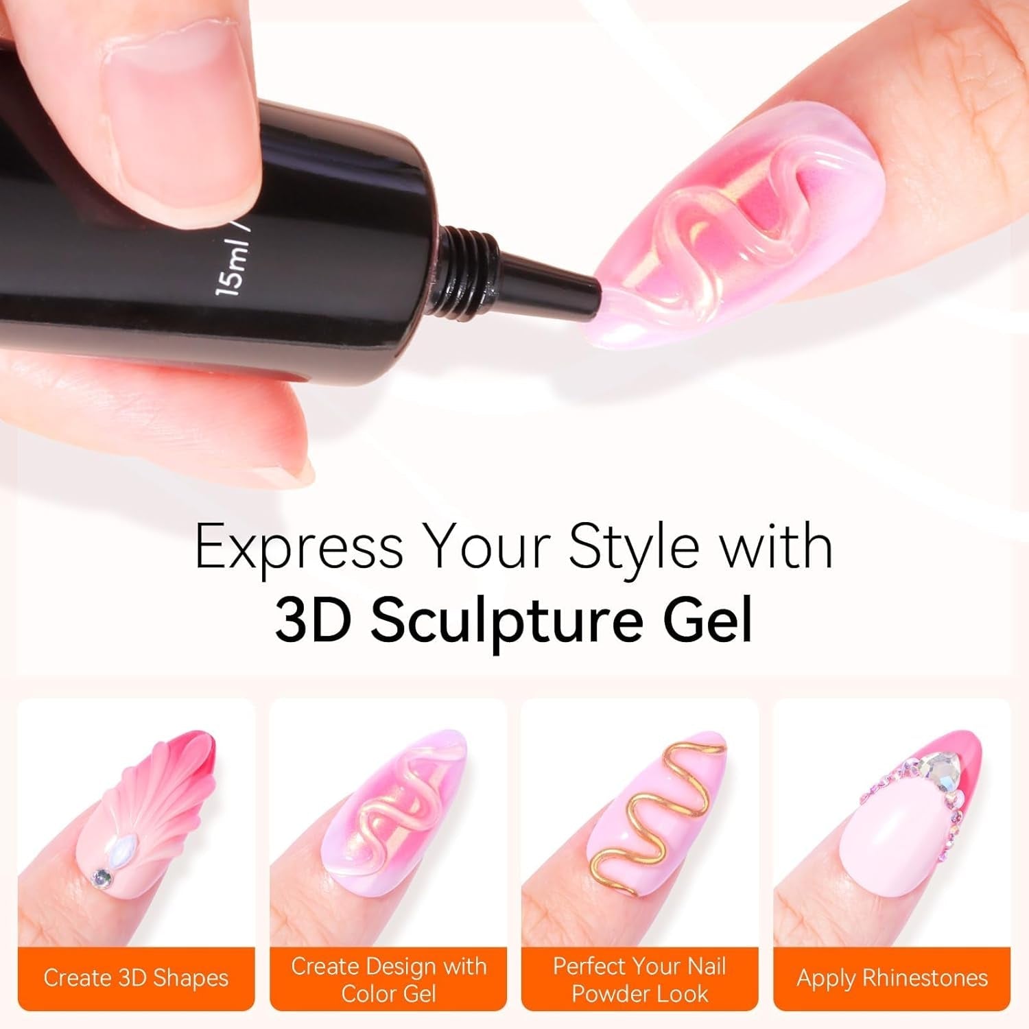 Makartt 3D Nail Art Gel - Żel do klejenia kryształków górskich 15G do breloczków do paznokci, Wielofunkcyjny żel do rzeźbienia paznokci do samodzielnego projektowania paznokci, Rzeźba paznokci Modelowanie paznokci w domu (przezroczysty)