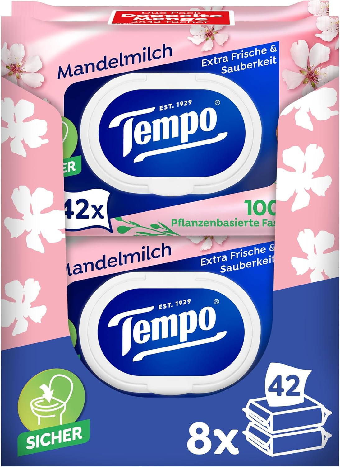 Chusteczki toaletowe nawilżone Tempo „Gentle & Sensitive” - Megapack - 16 opakowań po 42 chusteczki w każdym - Duo Pack - Natural Aloe Vera - Papier higieniczny, testowany dermatologicznie, neutralny dla skóry