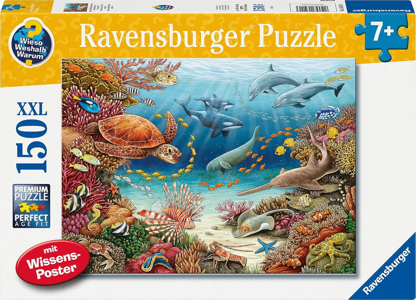 Puzzle dla dzieci Ravensburger 13411 - Stworzenia morskie na rafie koralowej - Dlaczego? Dlaczego? Dlaczego? Puzzle 150 elementów XXL + plakat wiedzy, dla dzieci od 7 lat Puzzle Naty Shop Domyślny tytuł