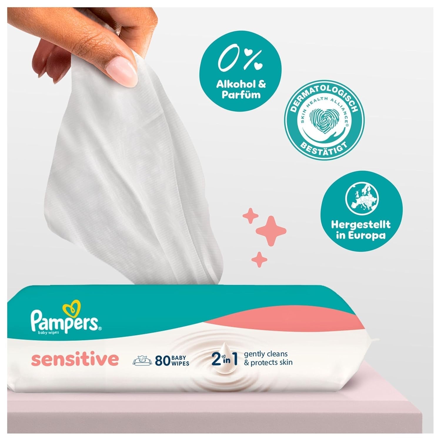 Chusteczki nawilżane Pampers Sensitive, 6 opakowań po 80 chusteczek = 480 chusteczek, bezzapachowe, do delikatnego i delikatnego czyszczenia