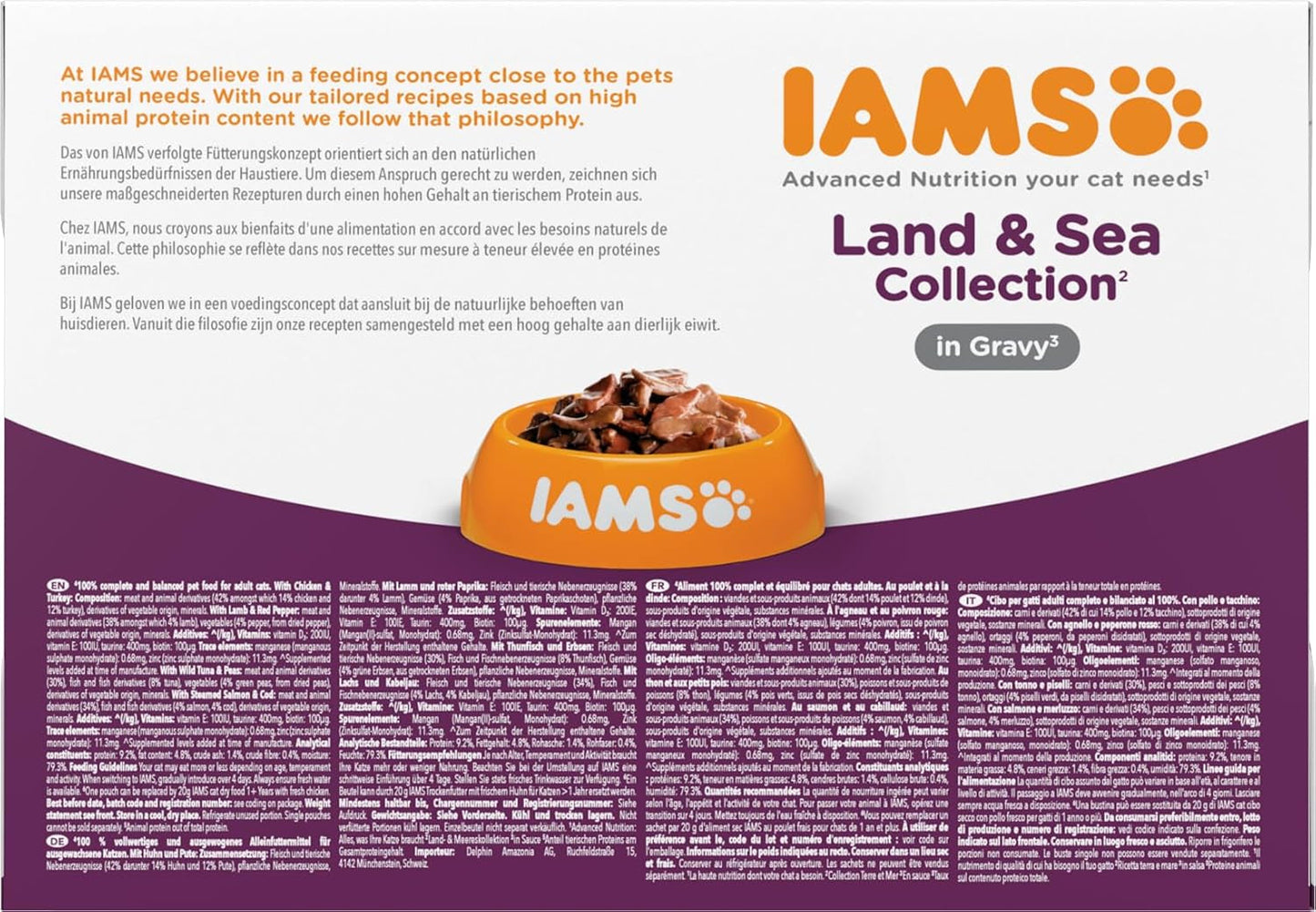 IAMS Delights Land & Sea Collection Mokra karma dla kotów - asortyment mięs i ryb Opakowanie zbiorcze w sosie, mokra karma dla kotów od 1 roku życia, 12 x 85 g