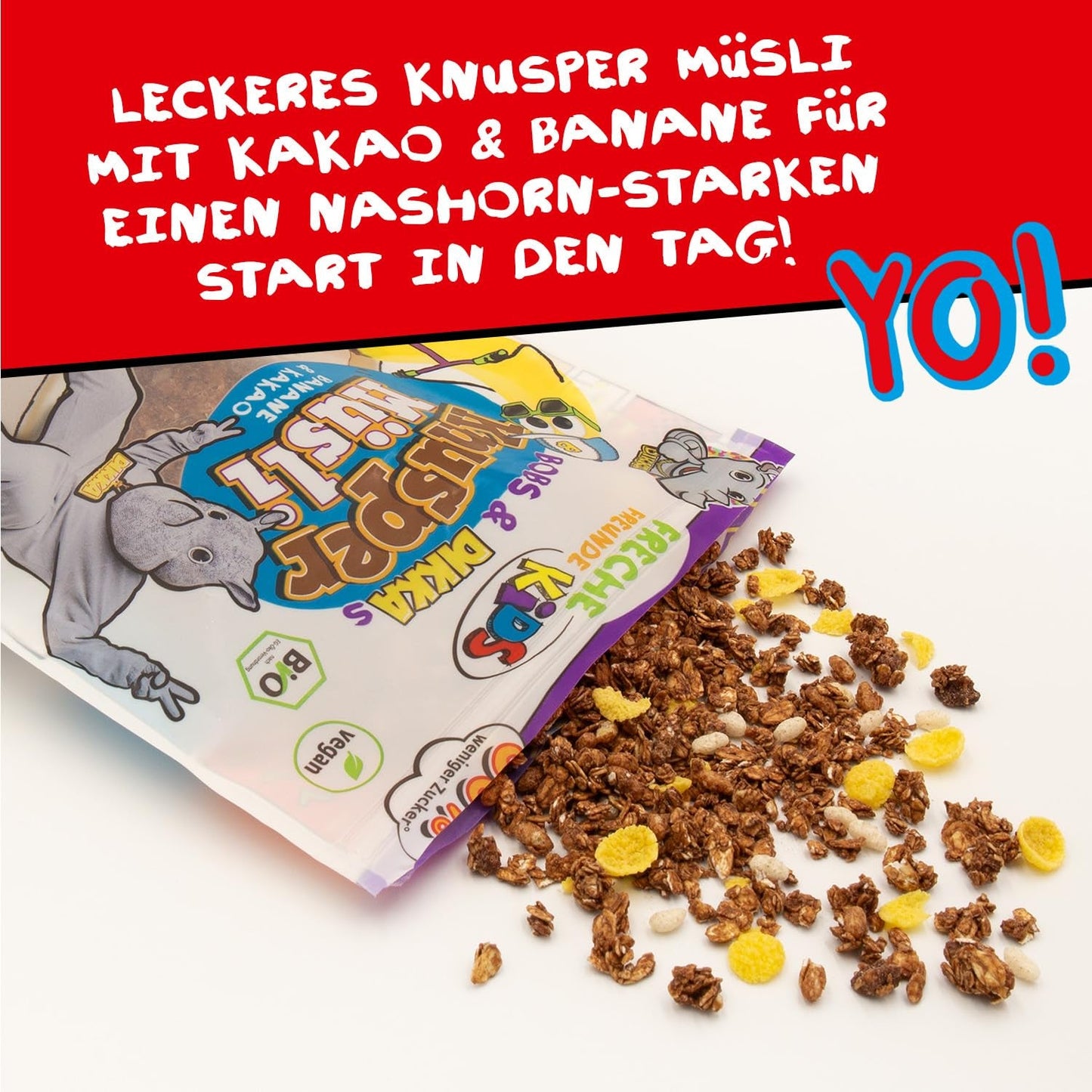FRECHE FREUNDE KIDS, Bobs & DIKKAs Chrupiące musli kakaowe z bananami, Muesli z chrupiącą czekoladą dla dzieci, o niskiej zawartości cukru, bez dodatków, 100% wegańskie, 6 sztuk (6 x 280g)