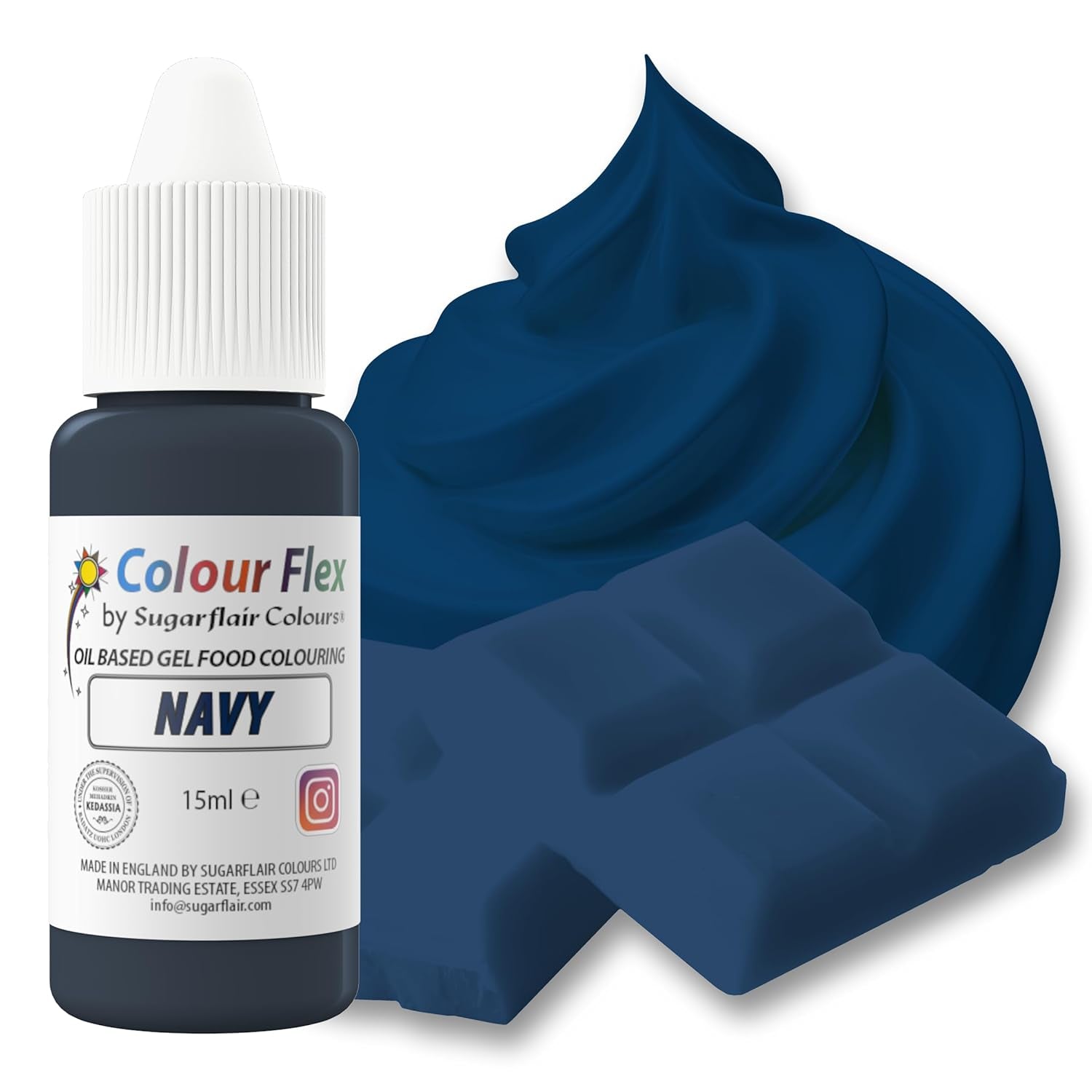 Sugarflair Colourflex Barwnik spożywczy na bazie oleju, granatowy, wysoce skoncentrowany płynny barwnik spożywczy, barwnik spożywczy do śmietany, czekolady, ciasta, kremówki, lukieru i nie tylko - 15ml
