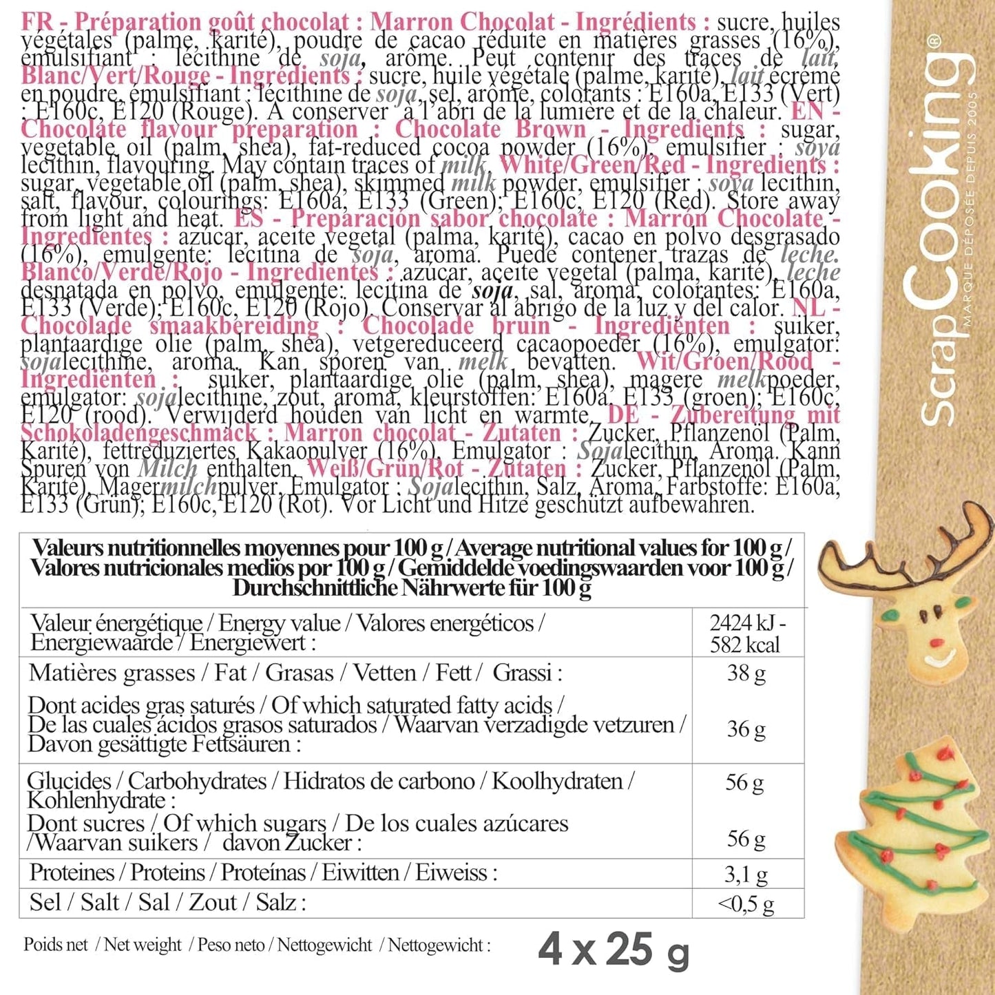 Scrapcooking - zestaw 4 świątecznych kredek czekoladowych - brązowy, biały, zielony i czerwony - jadalna kolorystyka - barwnik spożywczy do pisania - pisz i rysuj na deserach, ciastach i ciasteczkach - 7060