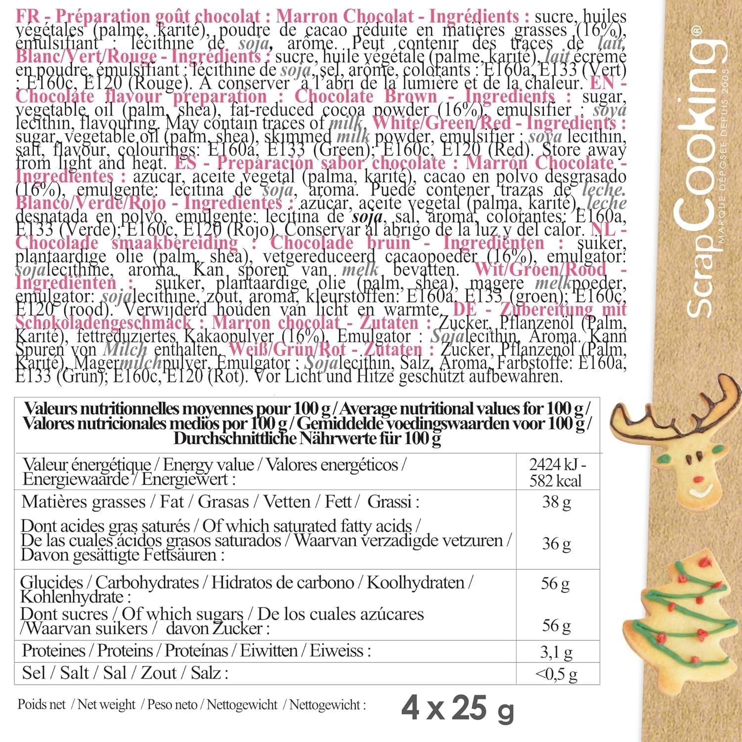 Scrapcooking - zestaw 4 świątecznych kredek czekoladowych - brązowy, biały, zielony i czerwony - jadalna kolorystyka - barwnik spożywczy do pisania - pisz i rysuj na deserach, ciastach i ciasteczkach - 7060
