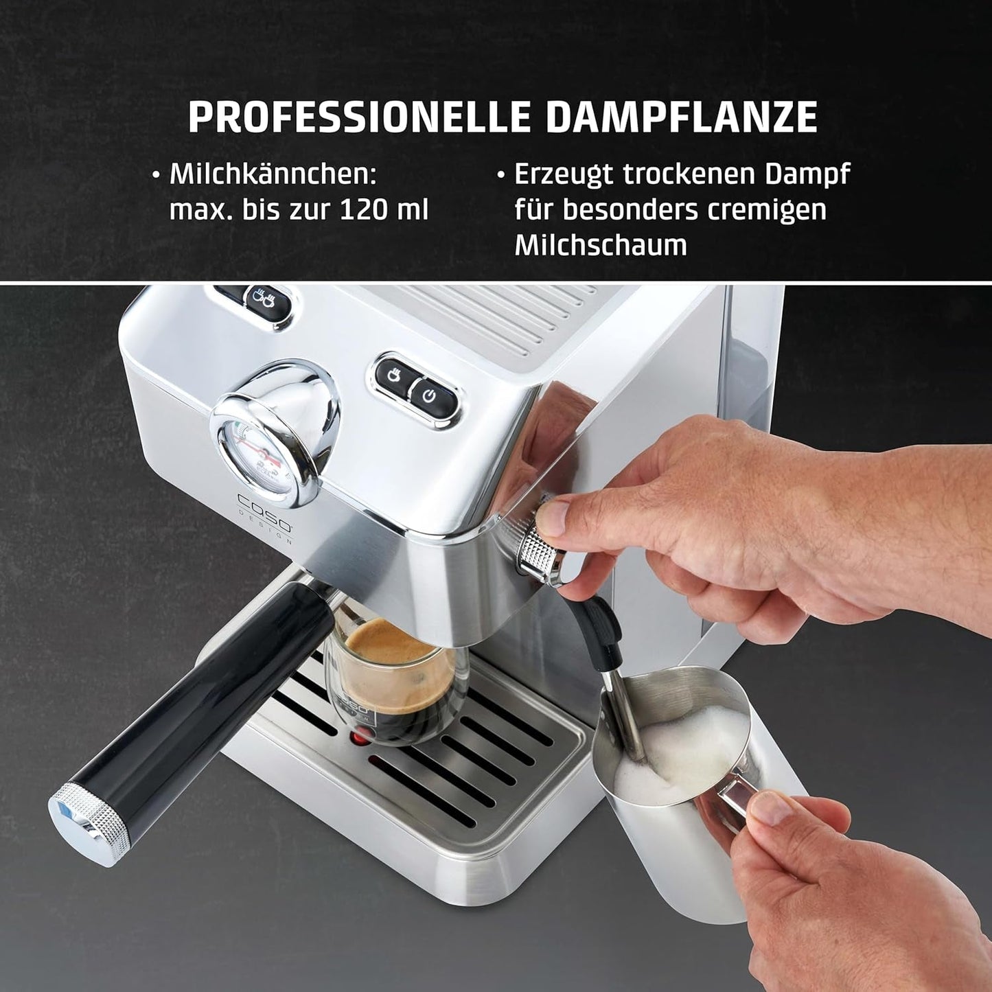 Caso Espresso Gourmet - Ekspres do kawy z kolbą ze stali nierdzewnej, wydajna pompa Ulka 19 Bar, ze spieniaczem do mleka, do kawy mielonej lub kapsułek z kawą ESE, na 2 filiżanki, z podgrzewaczem do filiżanek