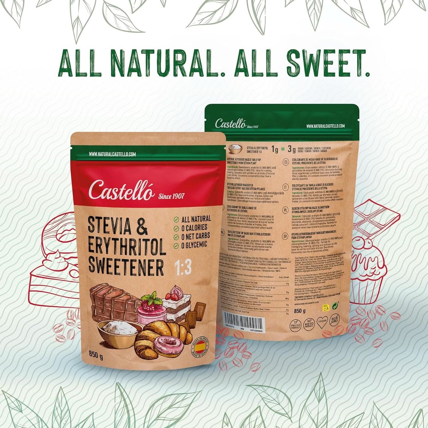 Stewia + Erytrytol 1:3 Słodzik, 1G = 3G Cukier, 850 gramów Słodziki Naty Shop