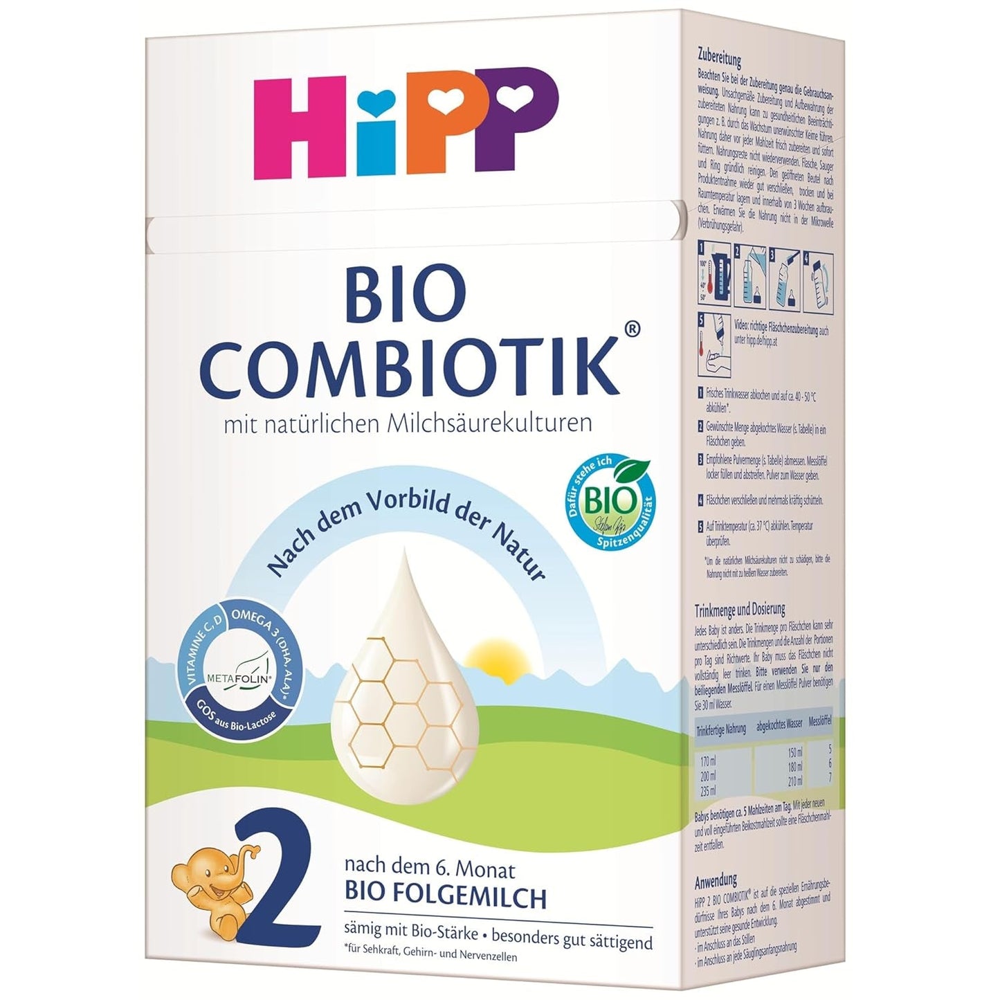 HiPP 2 Organic Combiotik (4 x 600g), mleko następne po 6 miesiącu, ze skrobią, naturalnymi kulturami kwasu mlekowego, GOS, Omega-3 (DHA, ALA), najwyższej jakości organicznej