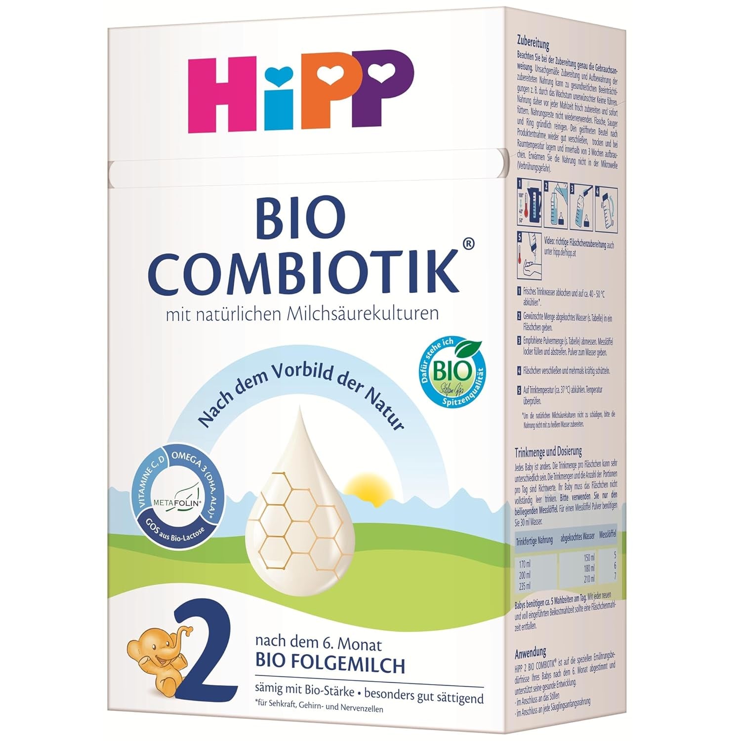 HiPP 2 Organic Combiotik (4 x 600g), mleko następne po 6 miesiącu, ze skrobią, naturalnymi kulturami kwasu mlekowego, GOS, Omega-3 (DHA, ALA), najwyższej jakości organicznej