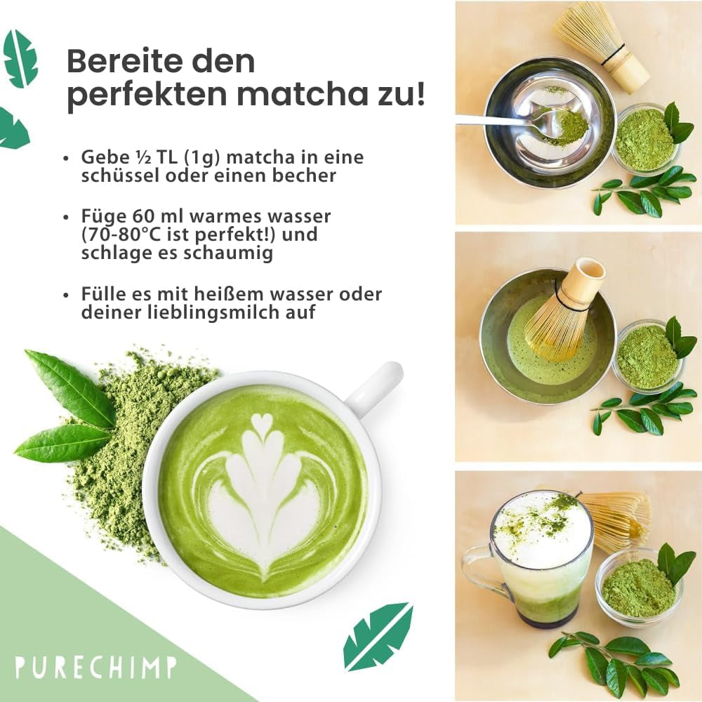 Purechimp Ceremonial Grade Matcha w proszku 50g. 100% czysta, cieniowana herbata w proszku do latte, naparów i przepisów. Słoik nadający się do recyklingu. Bogaty w przeciwutleniacze.