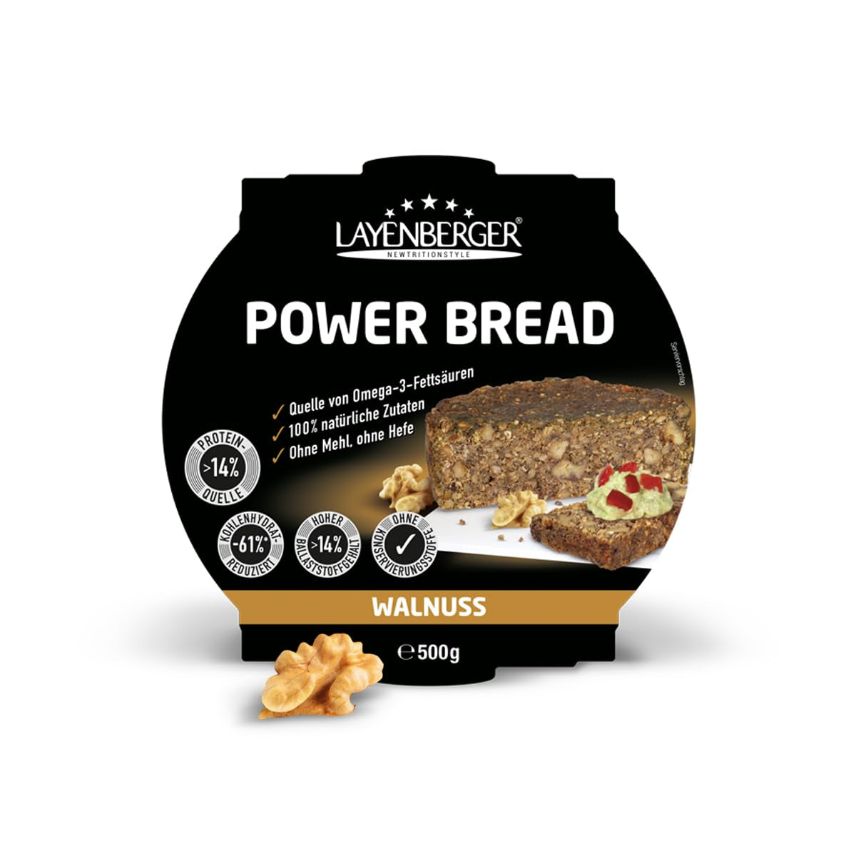 Layenberger Prower Bread Walnut, Eiweiß- Und Ballaststoffquelle, Ohne Konservierungsmittel, Ohne Hefe, Ohne Mehl, Mit 14G Protein Pro 100G, (1 X 500G) Mieszanka do pieczenia i gotowania Naty Shop 500 G (opakowanie 1Er) Orzech włoski