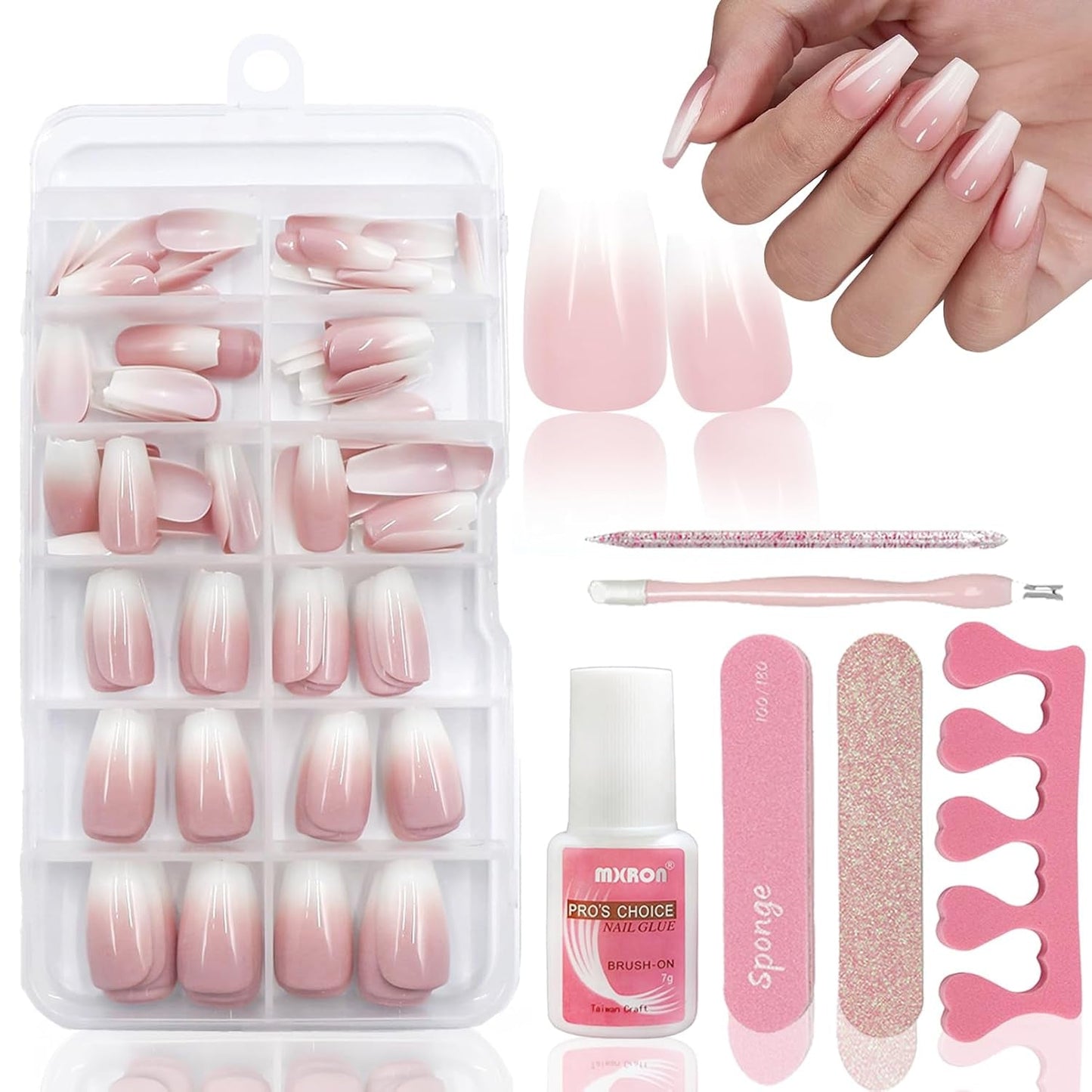 120 szt. Nude Pink Sztuczne paznokcie z klejem do paznokci - 12 rozmiarów Krótkie owalne kwadratowe naciśnięcie na paznokcie - Piękne paznokcie, Klej na sztucznych paznokciach - Odpowiednie dla kobiet DIY Nail Design (Squaval Pink Gradient)