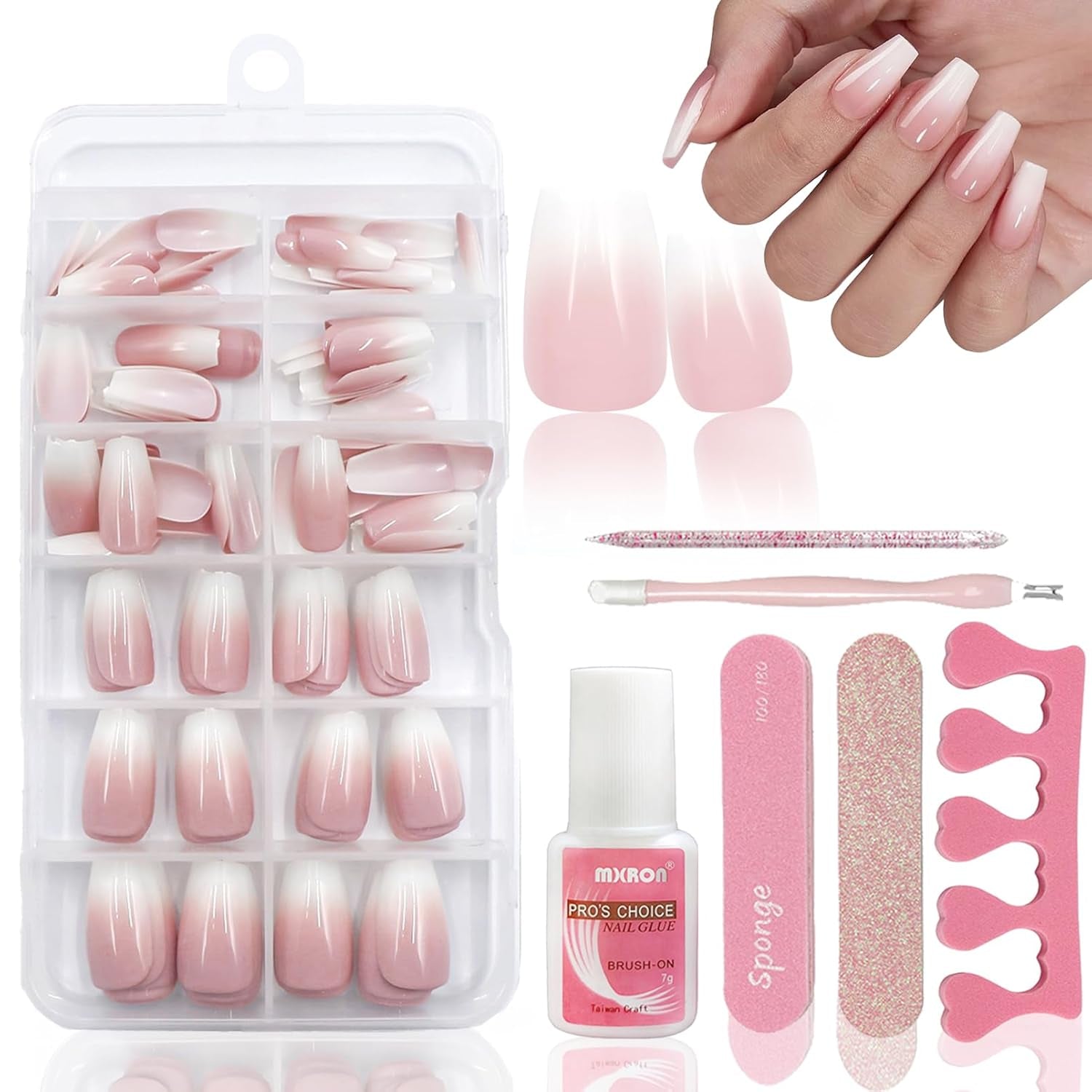 120 szt. Nude Pink Sztuczne paznokcie z klejem do paznokci - 12 rozmiarów Krótkie owalne kwadratowe naciśnięcie na paznokcie - Piękne paznokcie, Klej na sztucznych paznokciach - Odpowiednie dla kobiet DIY Nail Design (Squaval Pink Gradient)