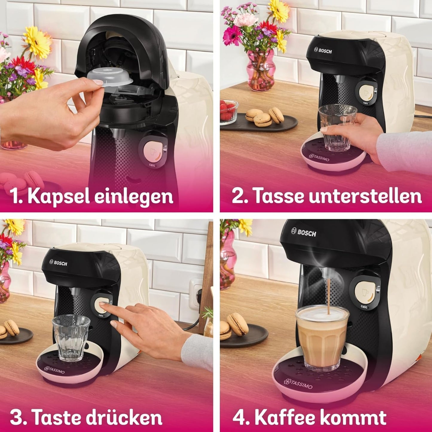 Bosch Tassimo Happy Friendly TAS107E Ekspres na kapsułki do espresso, ponad 70 napojów, odpowiedni do wszystkich filiżanek, Auto-Stop, zrównoważony rozwój, idealne dozowanie, oszczędność miejsca, 1400 W, kremowy/czarny