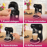 Bosch Tassimo Happy Friendly TAS107E Ekspres na kapsułki do espresso, ponad 70 napojów, odpowiedni do wszystkich filiżanek, Auto-Stop, zrównoważony rozwój, idealne dozowanie, oszczędność miejsca, 1400 W, kremowy/czarny