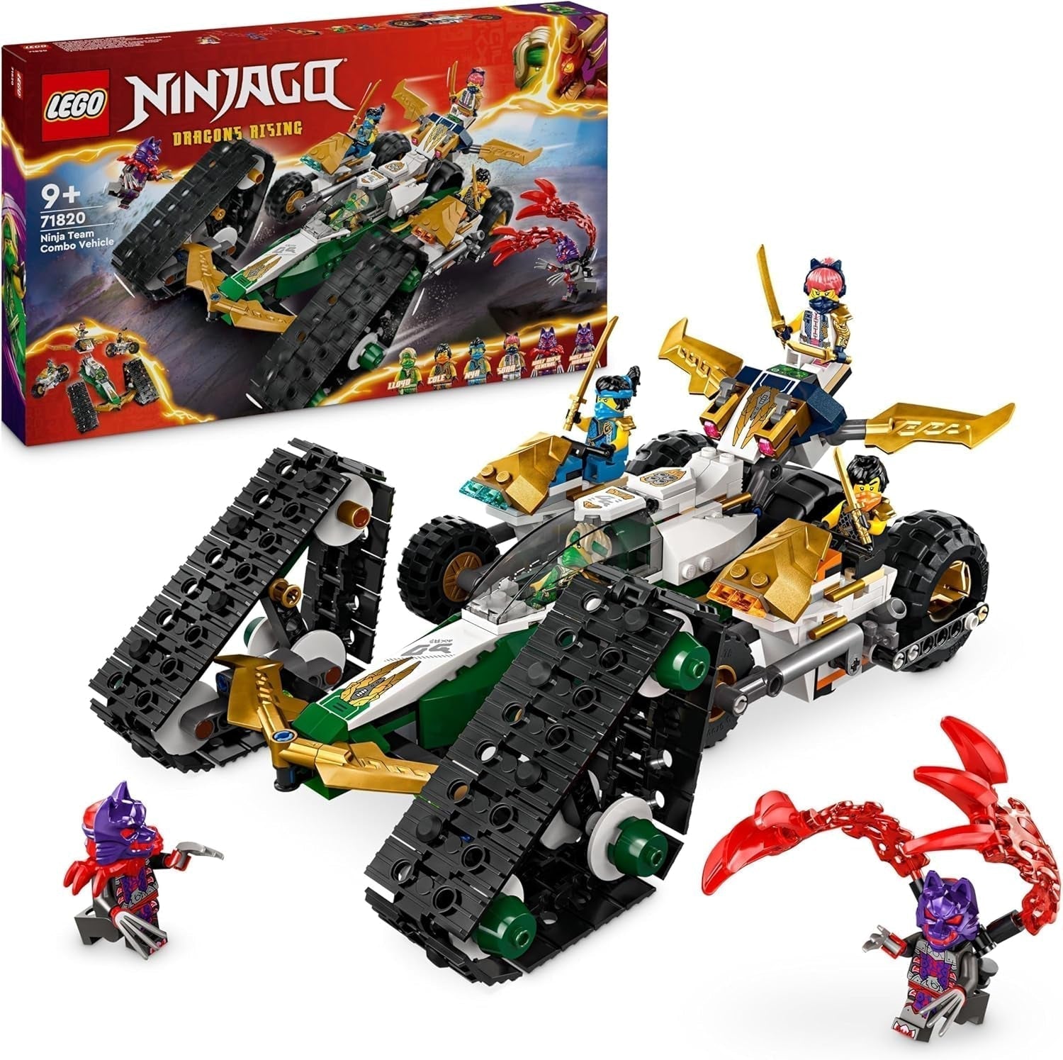 LEGO NINJAGO Ninja Team Combi Caterpillar Zestaw 4 w 1 zawierający szybowiec, samochód wyścigowy i 2 motocykle oraz 6 minifigurek Prezent dla chłopców i dziewcząt Zabawka Ninja 71820 Zestawy do budowania Besuche den LEGO-Store Default Title