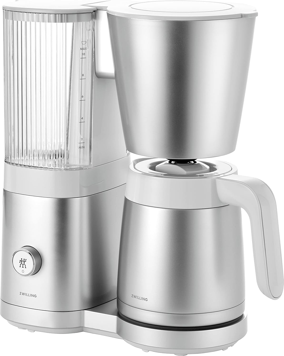 ZWILLING ENFINIGY Filtrowy ekspres do kawy ze szklaną karafką 1,5 l, ekspres do kawy z bojlerem ze stali nierdzewnej, funkcją Blooming i inteligentnym odkamienianiem, tworzywo sztuczne, srebrny