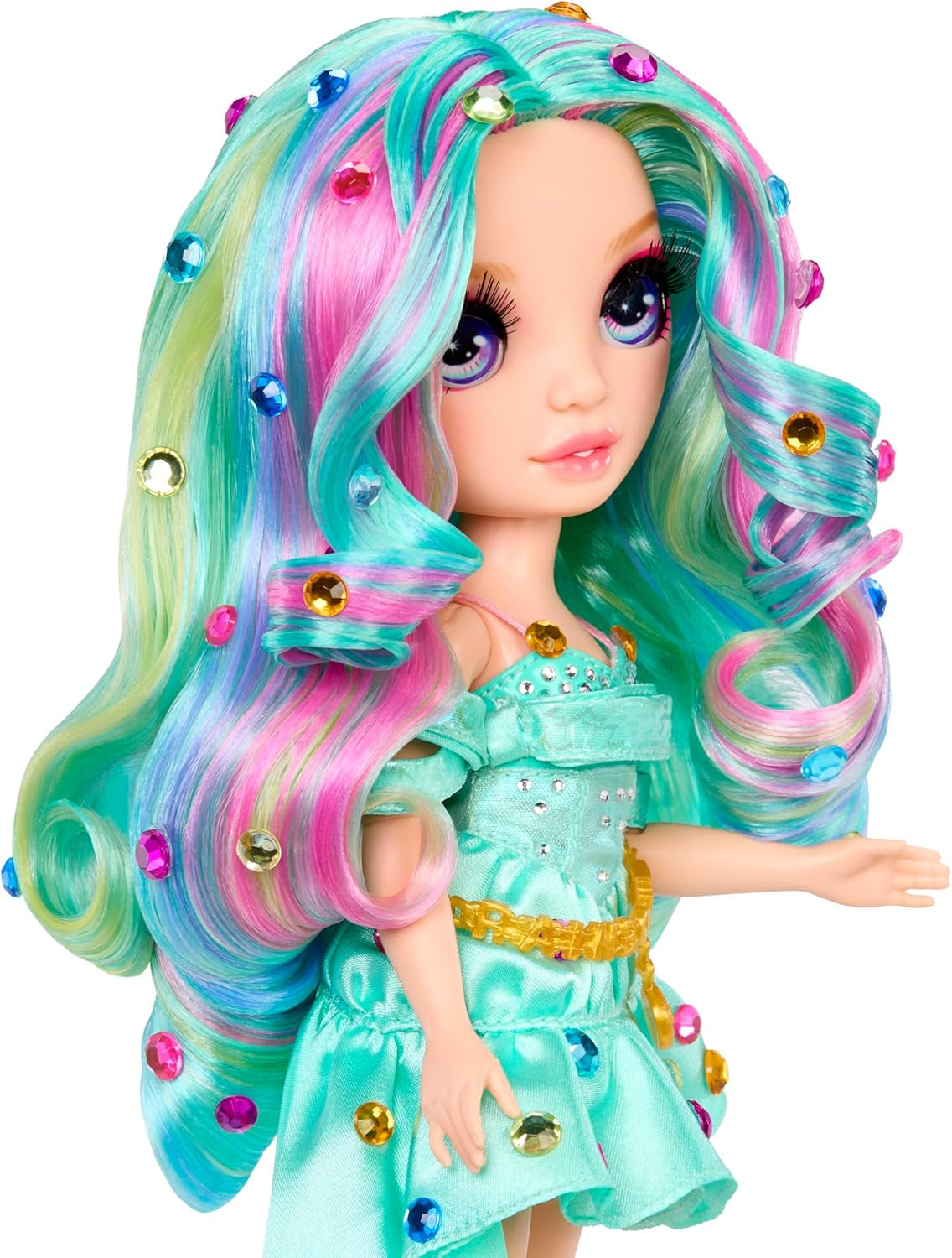 Olśniewająca lalka modowa Rainbow High Be – Celine Turquoise – niebiesko-zielona, ​​28 cm, z narzędziem do dekorowania, błyszczącymi klejnotami i akcesoriami do stylizacji