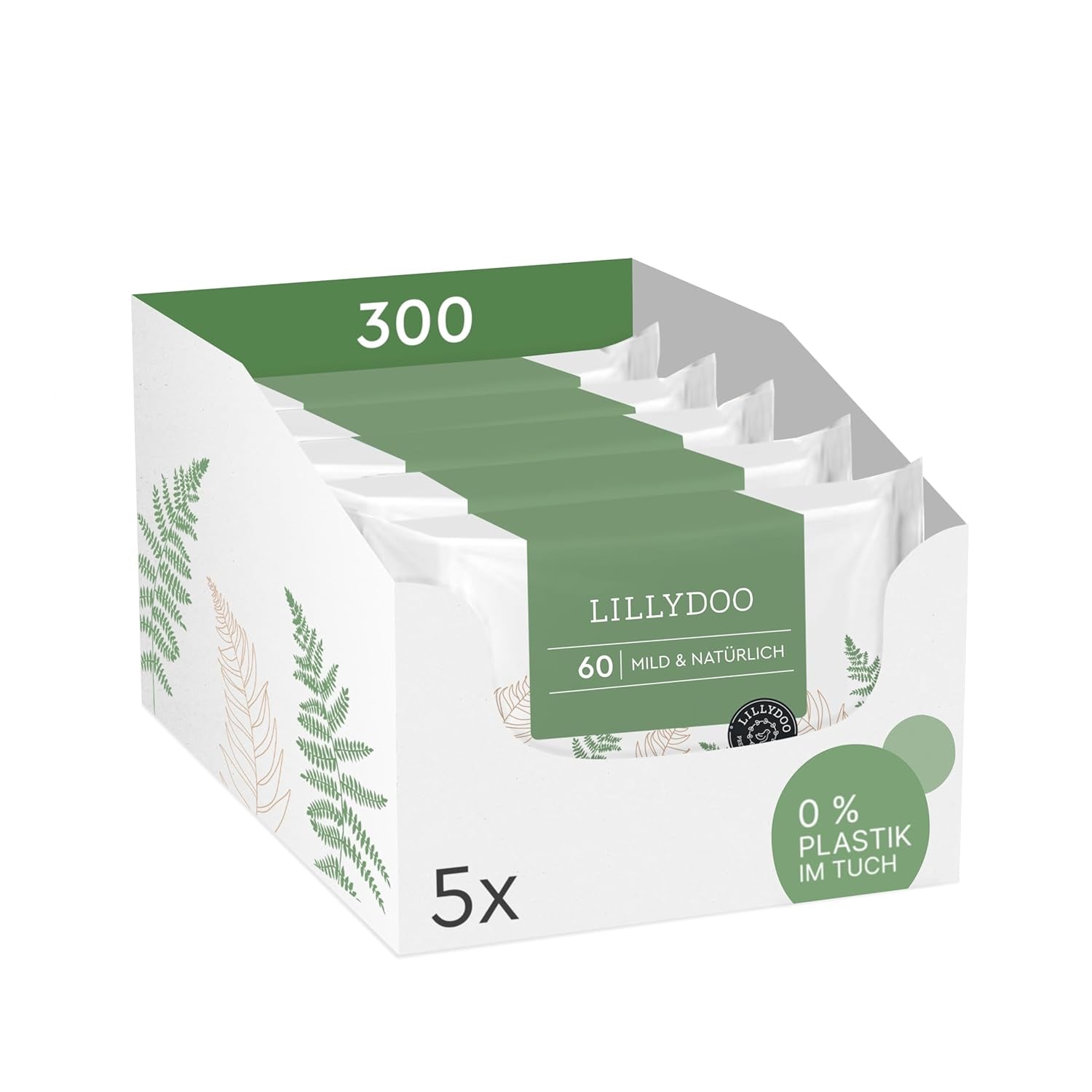 LILLYDOO Zielone chusteczki nawilżane, 600 szt. (10 x 60), odporne na rozdarcia chusteczki w 100% wolne od plastiku - bezzapachowe, delikatne i naturalne, delikatnie oczyszczają wrażliwą skórę, testowane dermatologicznie