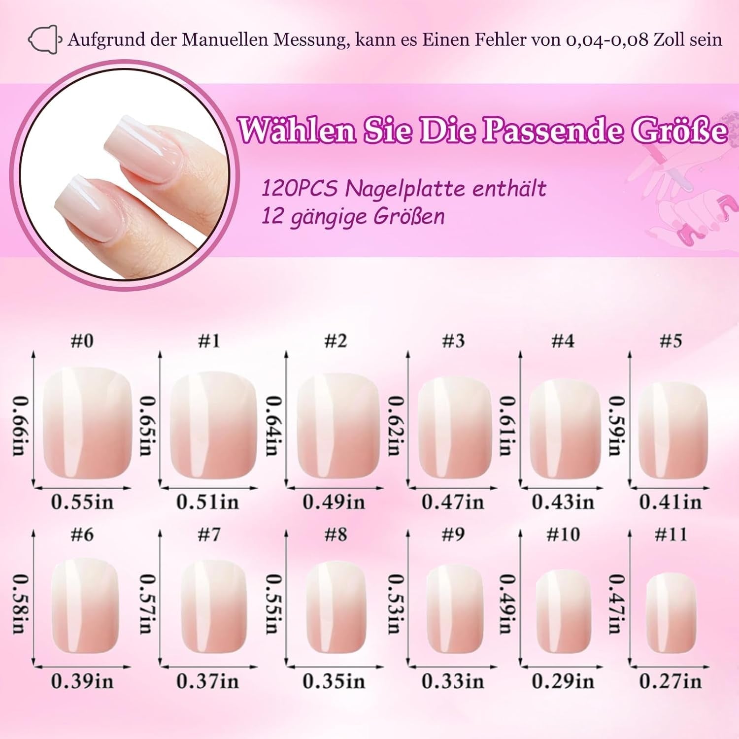 120 szt. Nude Pink Sztuczne paznokcie z klejem do paznokci - 12 rozmiarów Krótkie owalne kwadratowe naciśnięcie na paznokcie - Piękne paznokcie, Klej na sztucznych paznokciach - Odpowiednie dla kobiet DIY Nail Design (Squaval Pink Gradient)