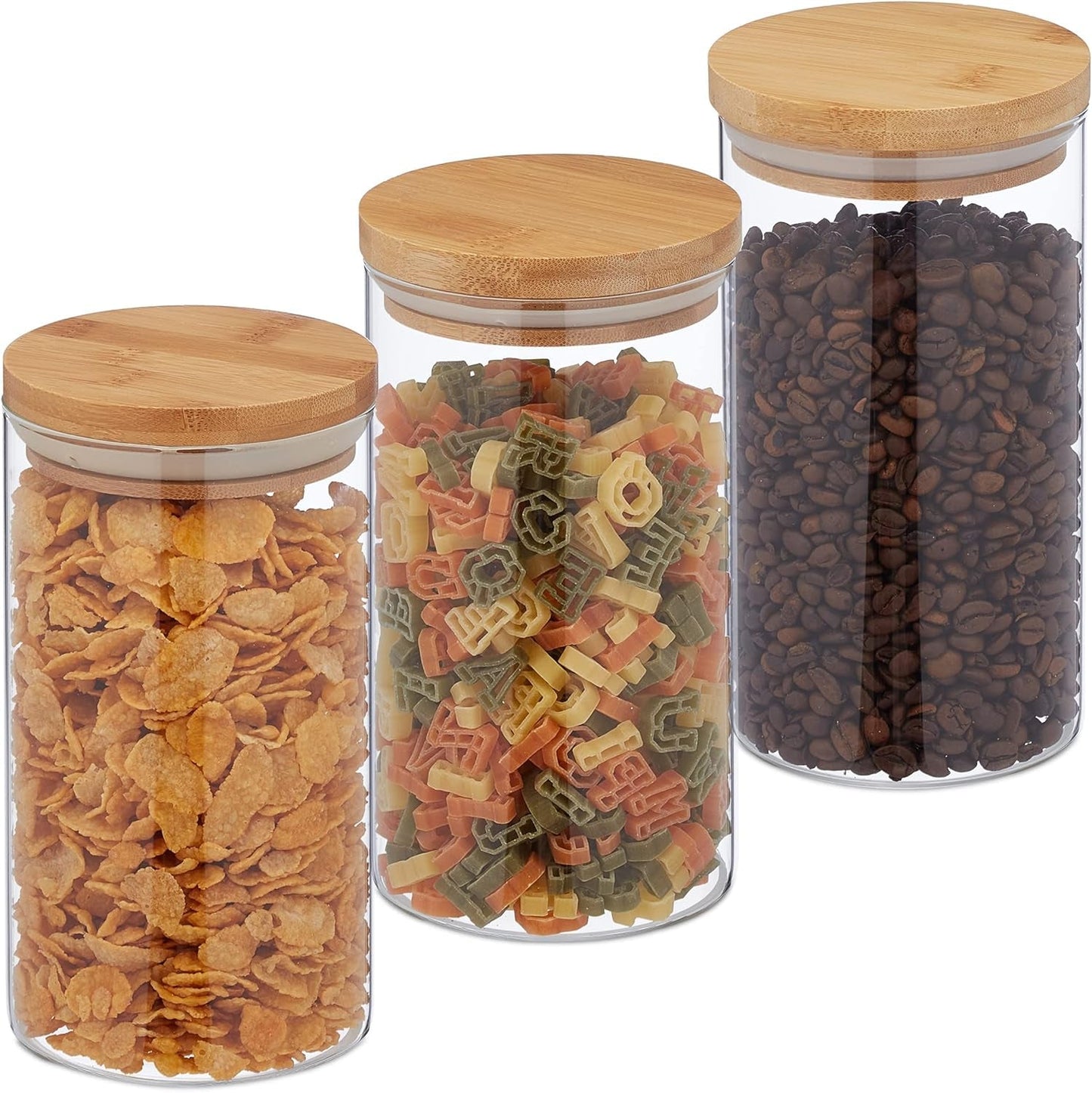 Relaxdays Słoiki do przechowywania z bambusowymi pokrywkami Zestaw 3 okrągłych szklanych słoików 1000 ml Szczelne przezroczyste/naturalne 18x10 cm Pudełka do przechowywania żywności Naty Shop Przezroczysty/naturalny 1000 ml